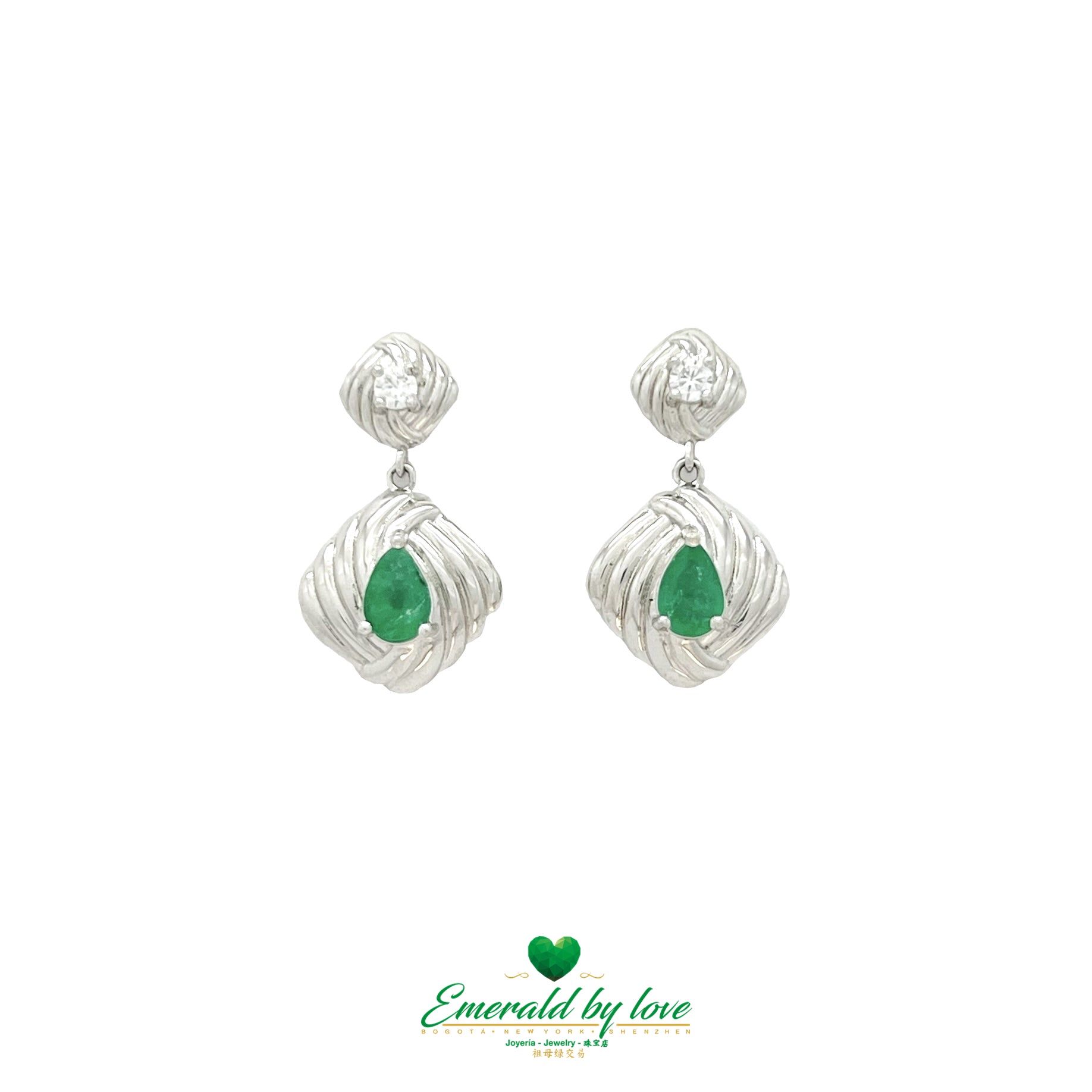 Elegant Classic Earrings with Colombian Emeralds & Silver Arabesque Design