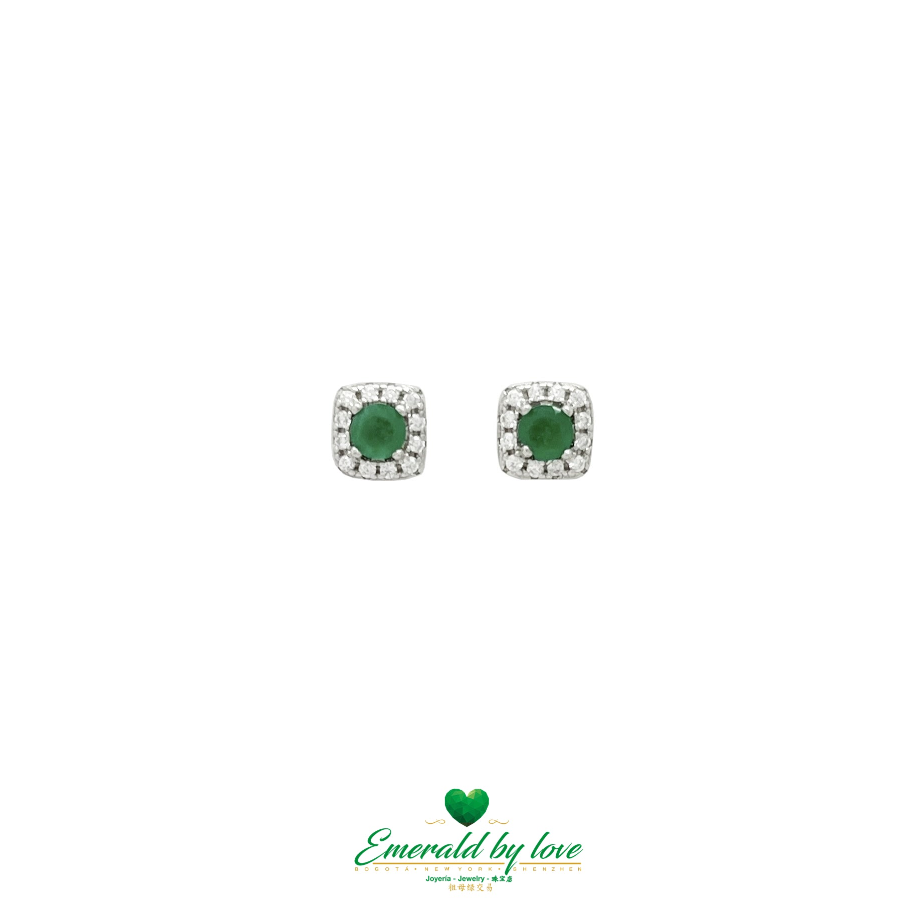 Chic Square Silver Earrings with Central Round Colombian Emerald and Zirconia Halo