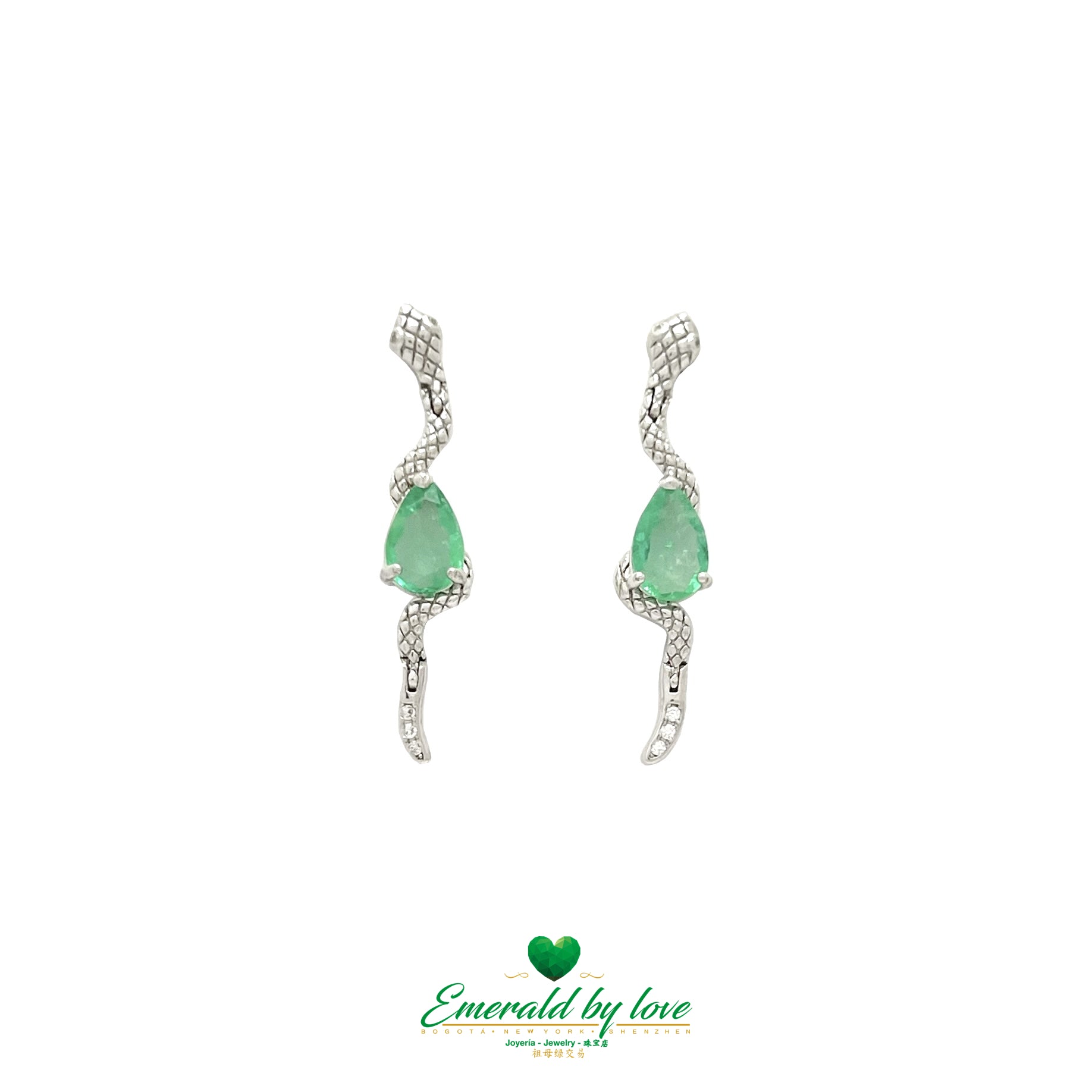 Stunning Snake-Shape Elongated Earrings with Teardrop Emerald Center