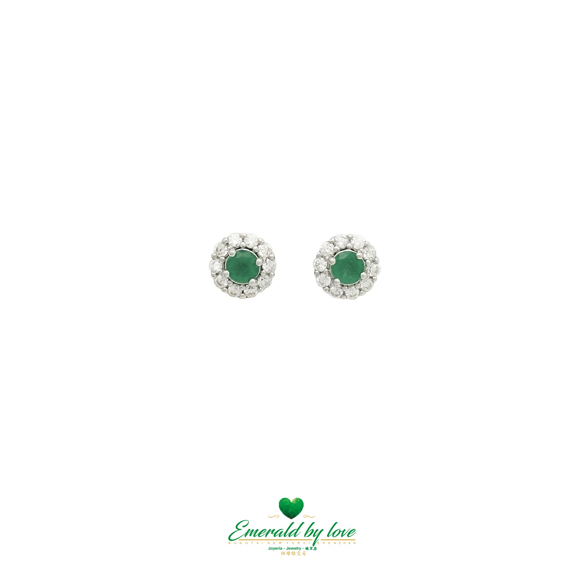 Floral Earrings with Round Zircon Petals & Central Colombian Emeralds