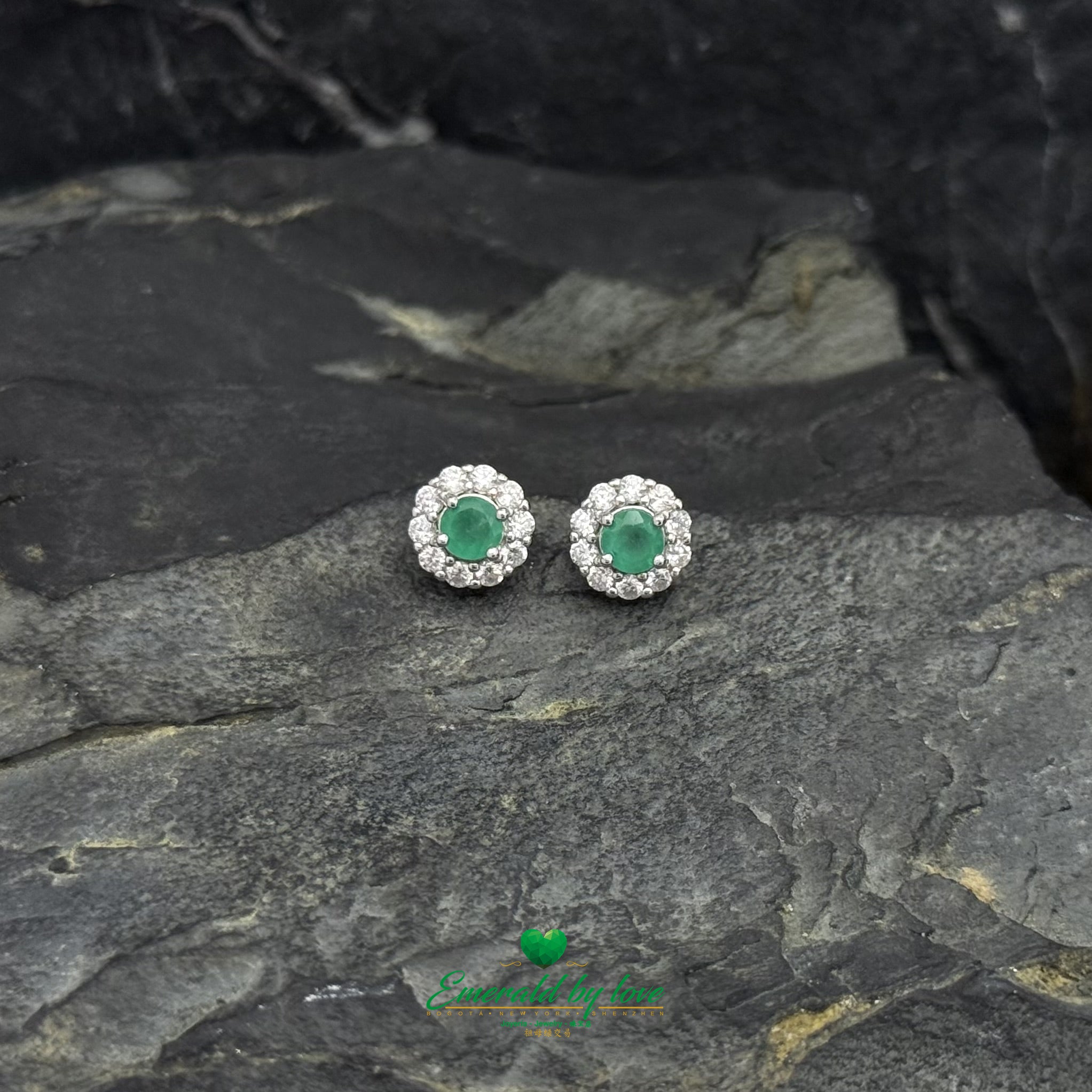 Floral Earrings with Round Zircon Petals & Central Colombian Emeralds