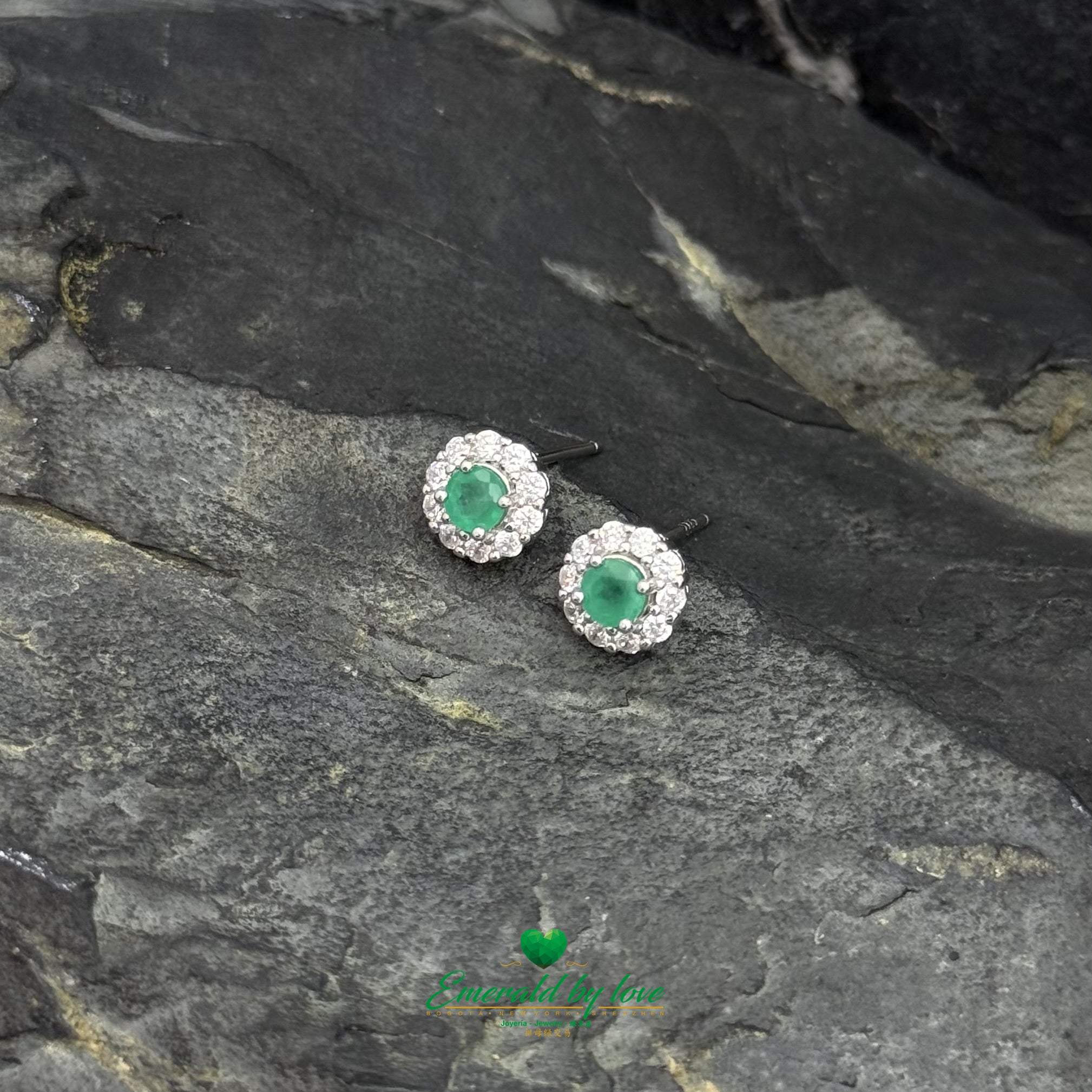 Floral Earrings with Round Zircon Petals & Central Colombian Emeralds