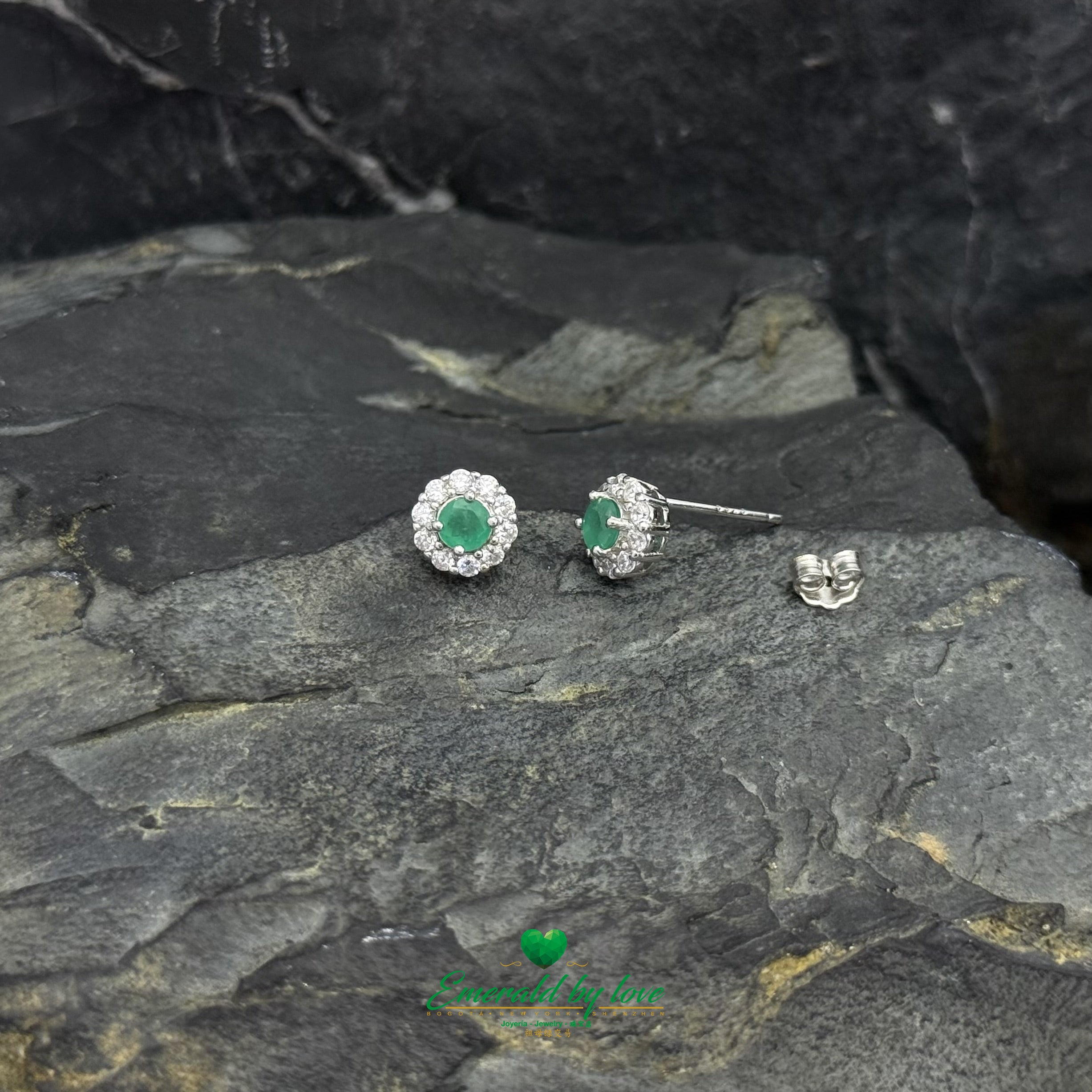 Floral Earrings with Round Zircon Petals & Central Colombian Emeralds