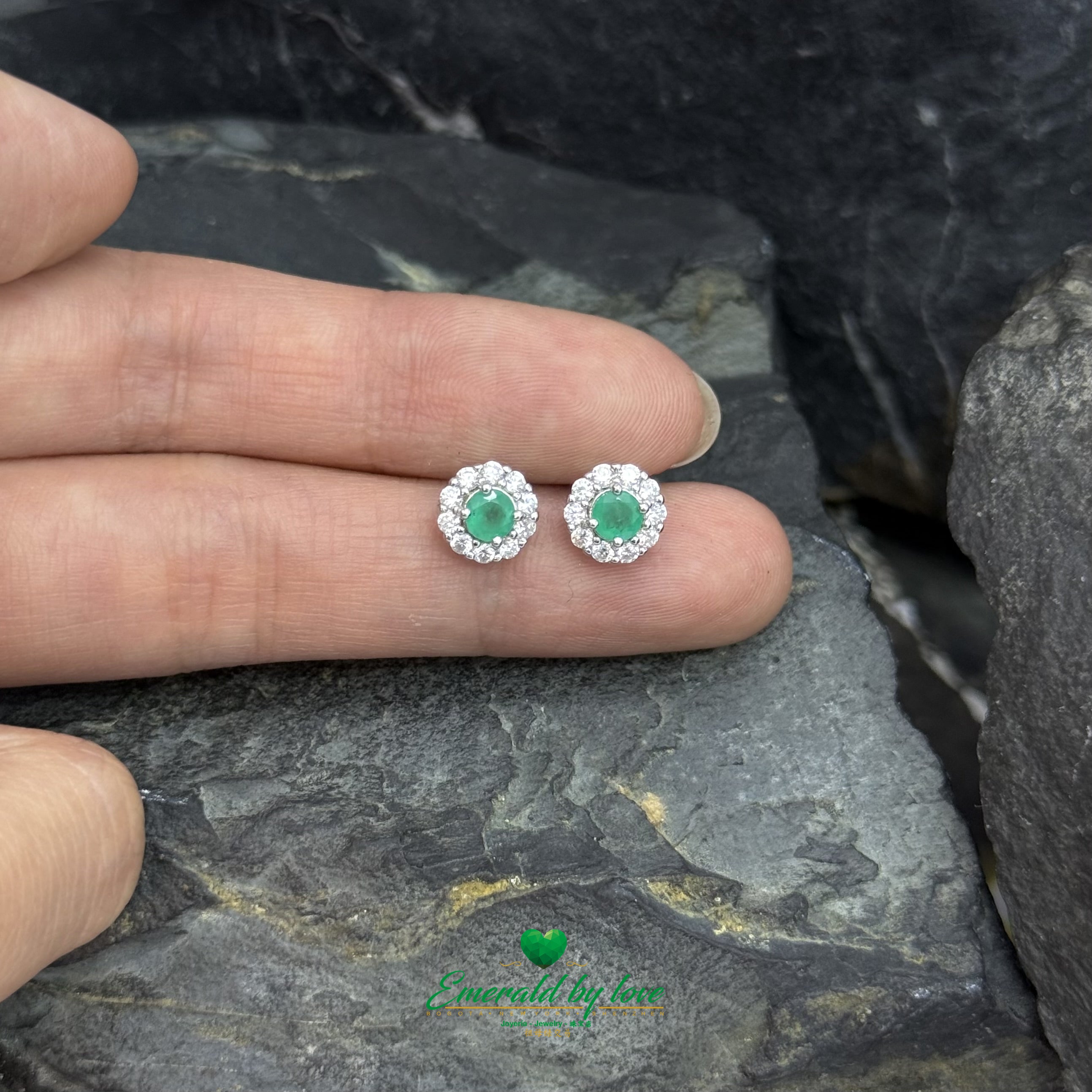 Floral Earrings with Round Zircon Petals & Central Colombian Emeralds