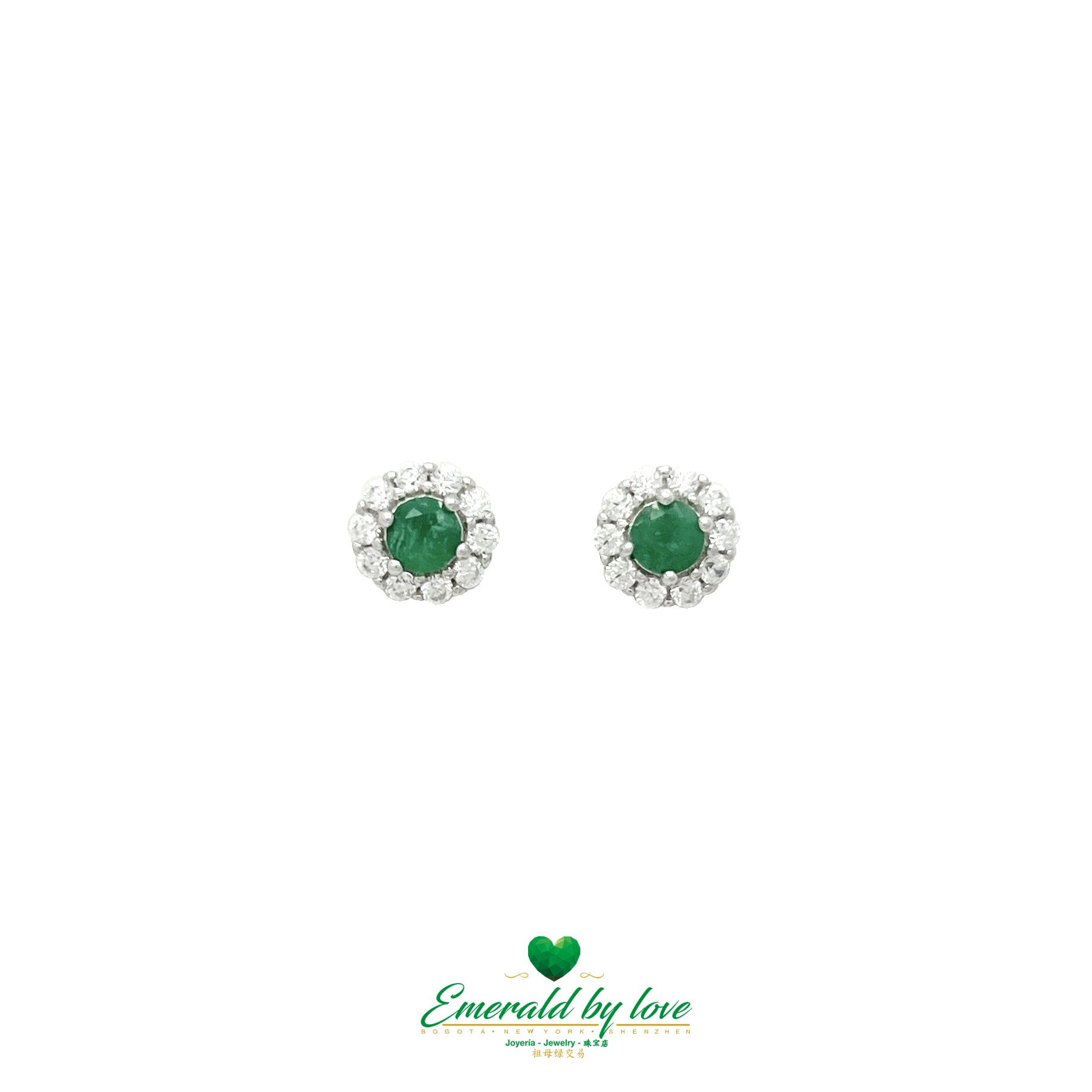 Round Flower Earrings with Central Emerald Surrounded by Zirconia