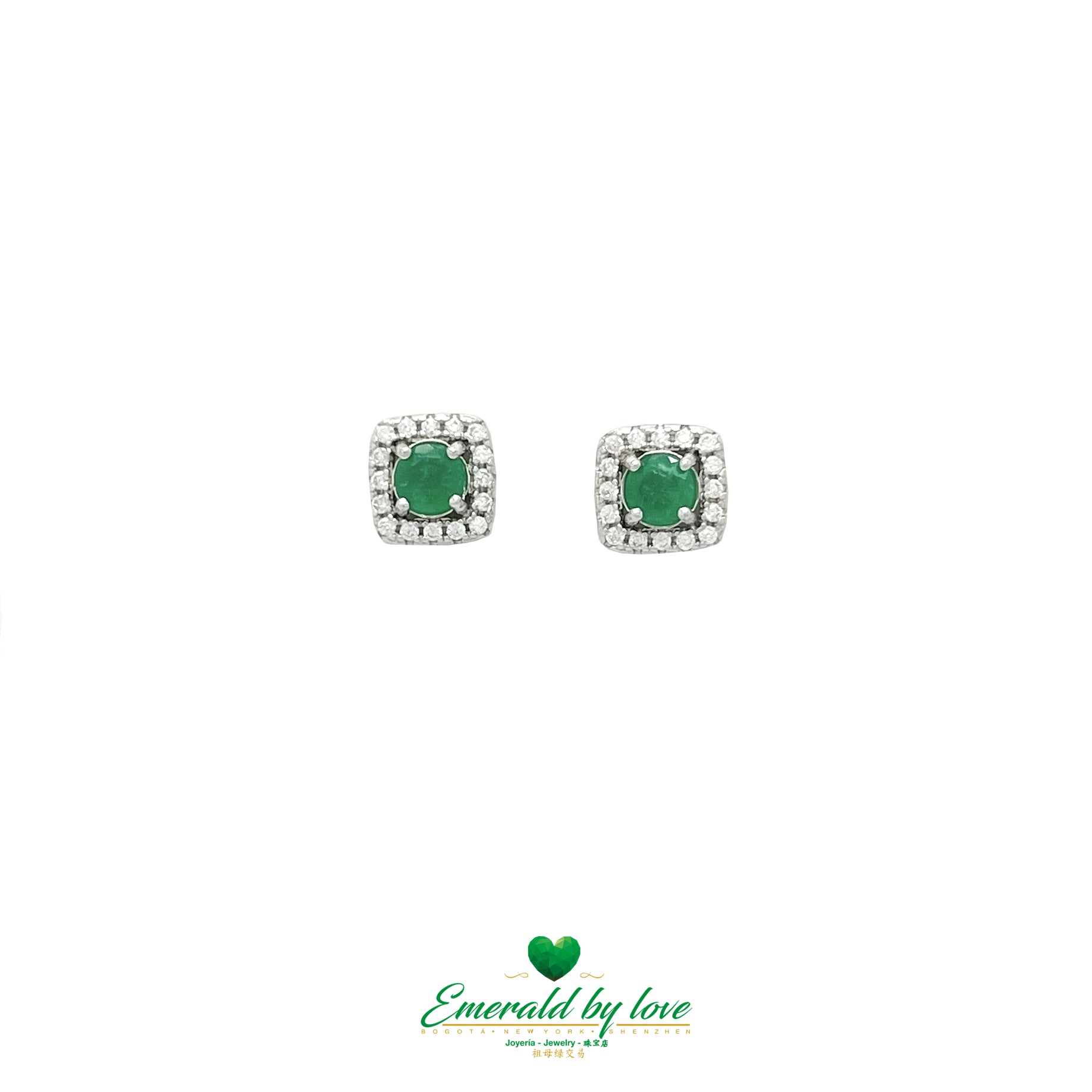 Stylish Medium Square Earrings with Central Round Emerald