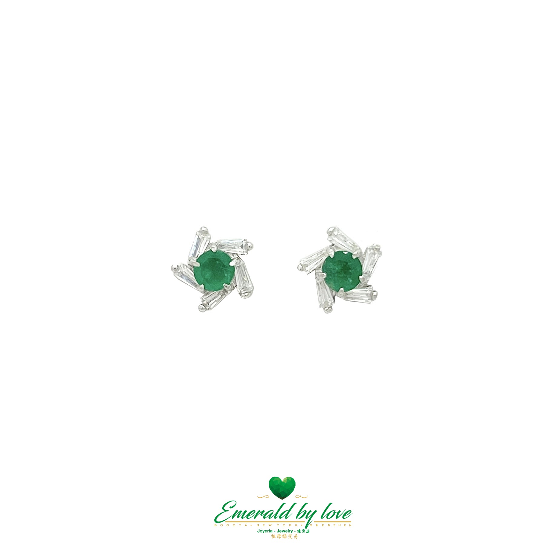 Spiral Flower Earrings with Baguette Zirconia and Central Round Colombian Emerald