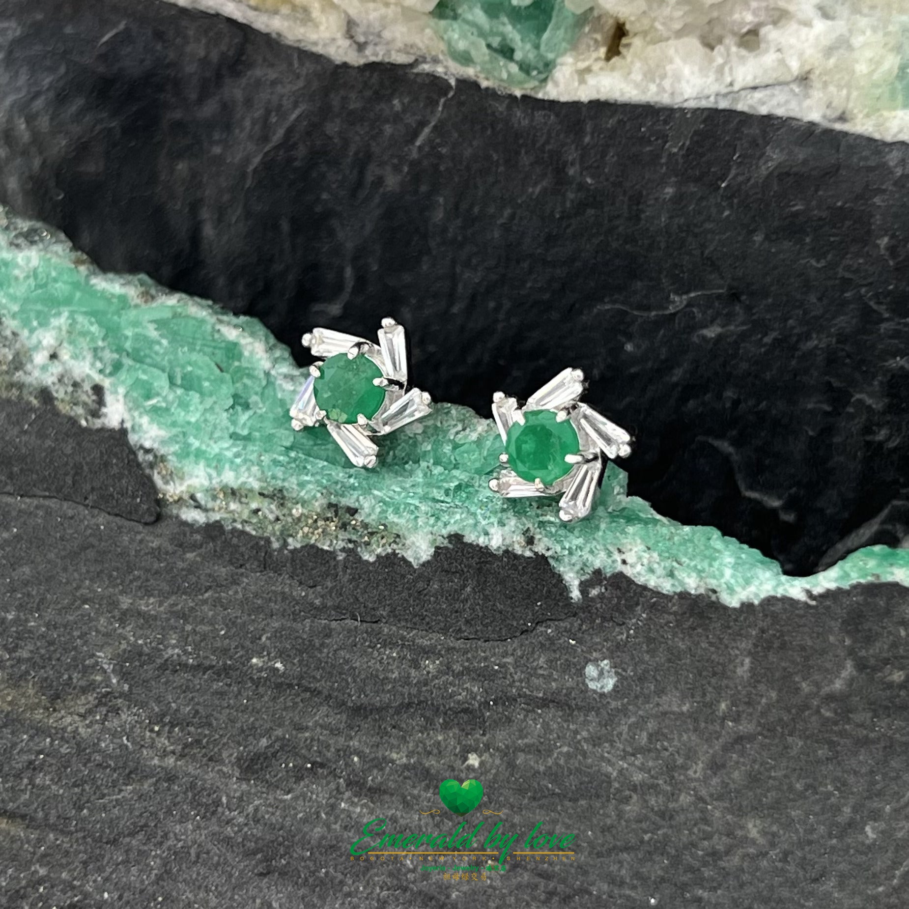 Spiral Flower Earrings with Baguette Zirconia and Central Round Colombian Emerald