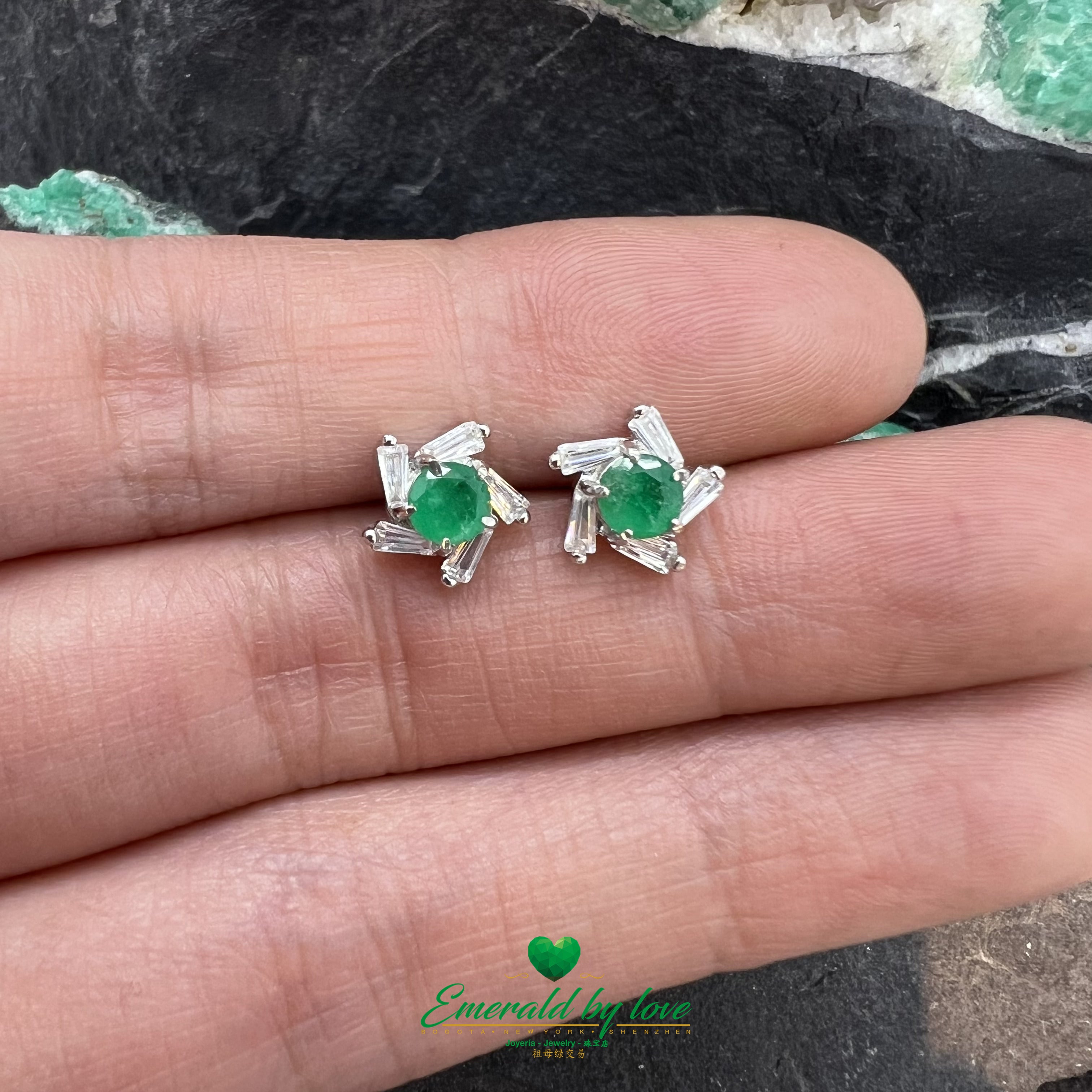 Spiral Flower Earrings with Baguette Zirconia and Central Round Colombian Emerald