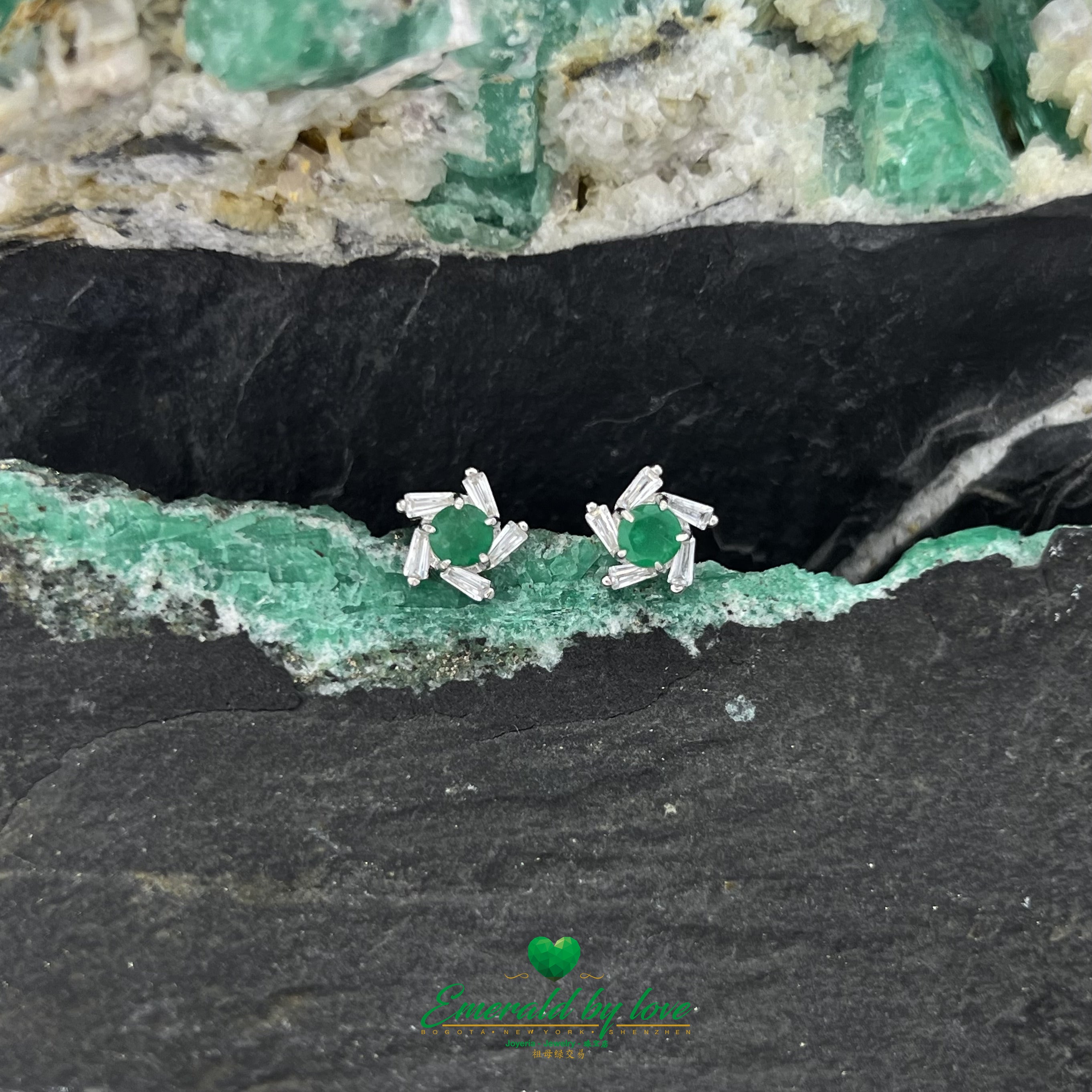 Spiral Flower Earrings with Baguette Zirconia and Central Round Colombian Emerald