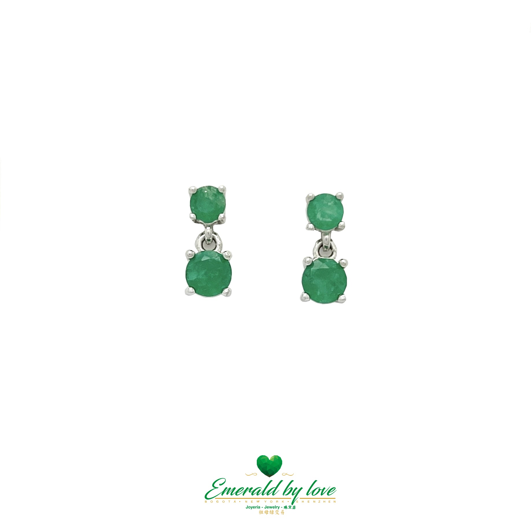 Vertical Double Round Emerald Earrings in Silver