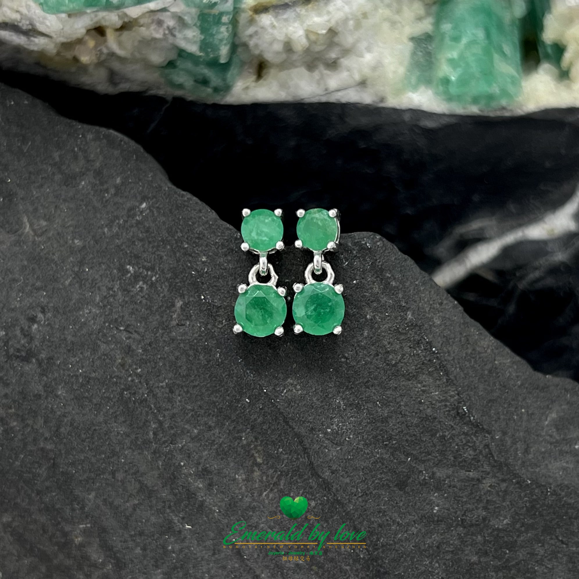 Vertical Double Round Emerald Earrings in Silver