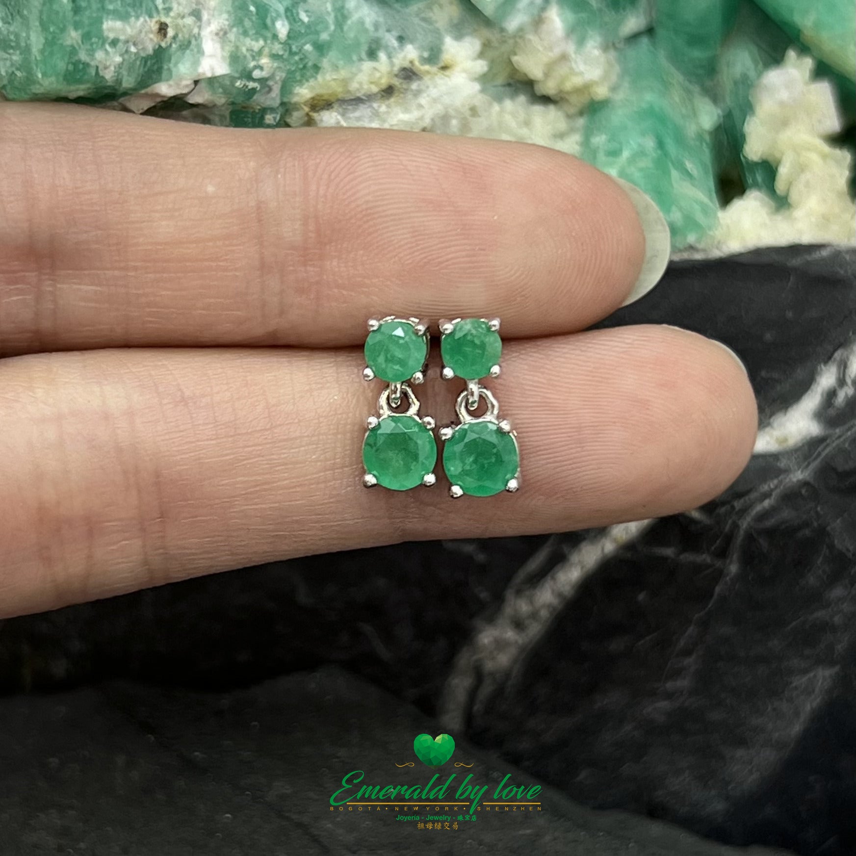 Vertical Double Round Emerald Earrings in Silver