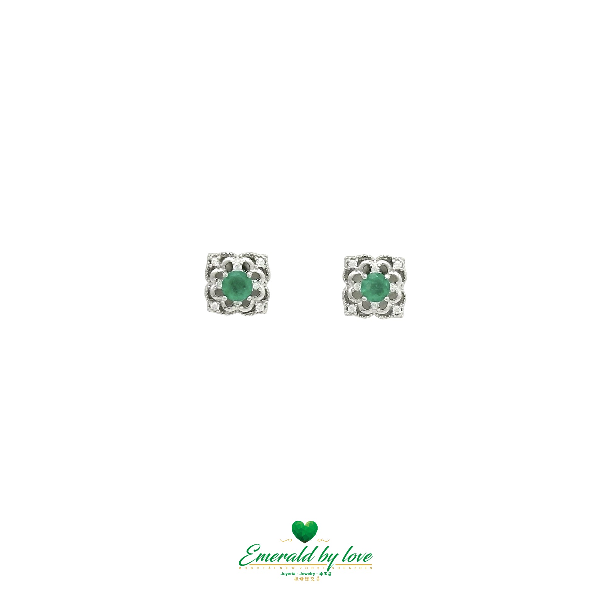 Sterling Silver Floral Earrings with Filigree Arabesques & Central Round Colombian Emerald