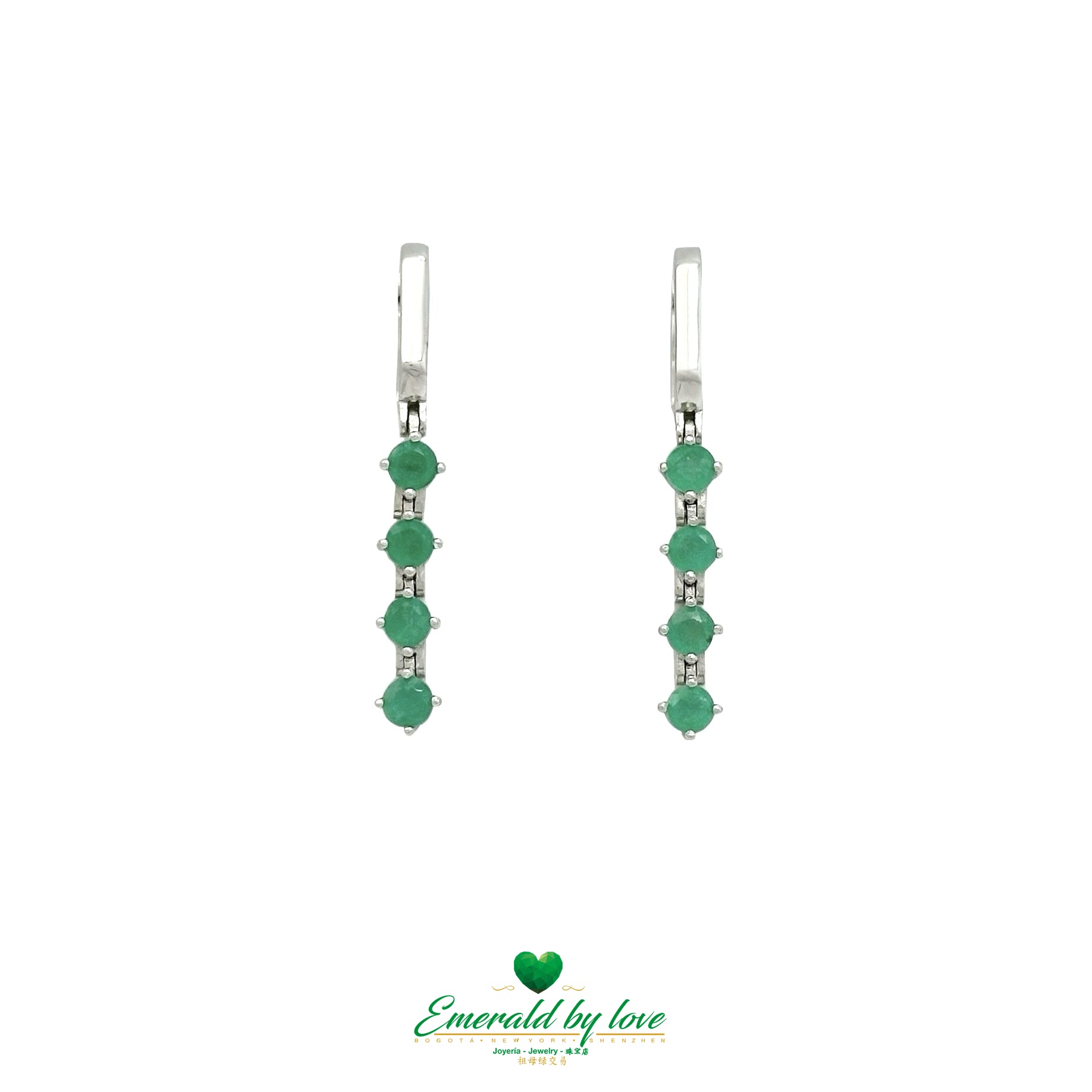 Elongated 925 Silver Earrings with Round Colombian Emerald and Hoop Clasp