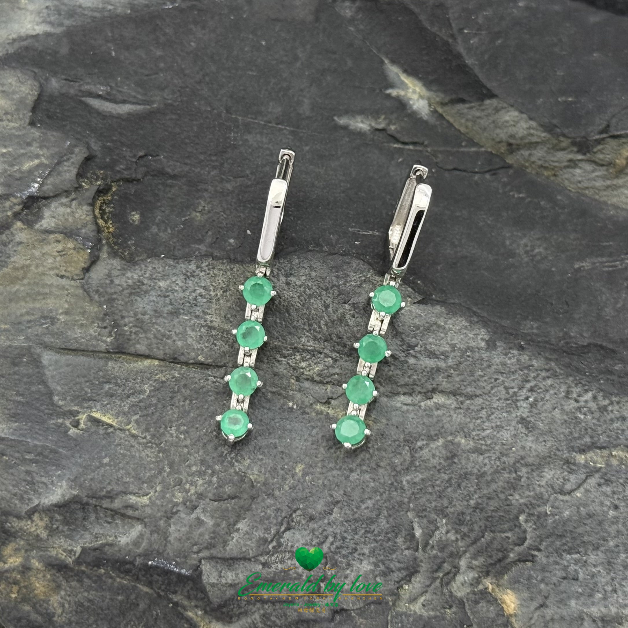 Elongated 925 Silver Earrings with Round Colombian Emerald and Hoop Clasp