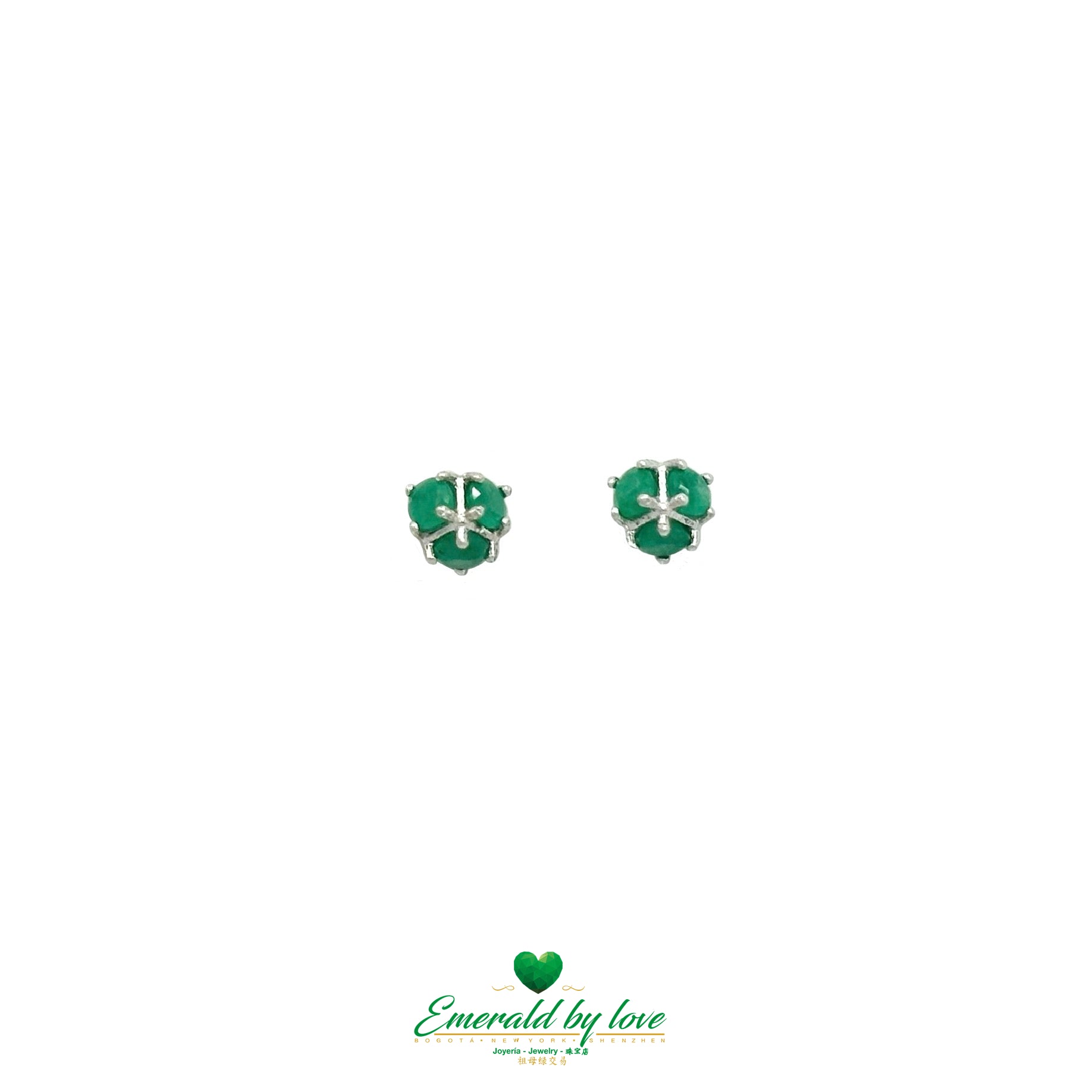 Small Three-Dimensional Earrings with Three Round Colombian Emeralds