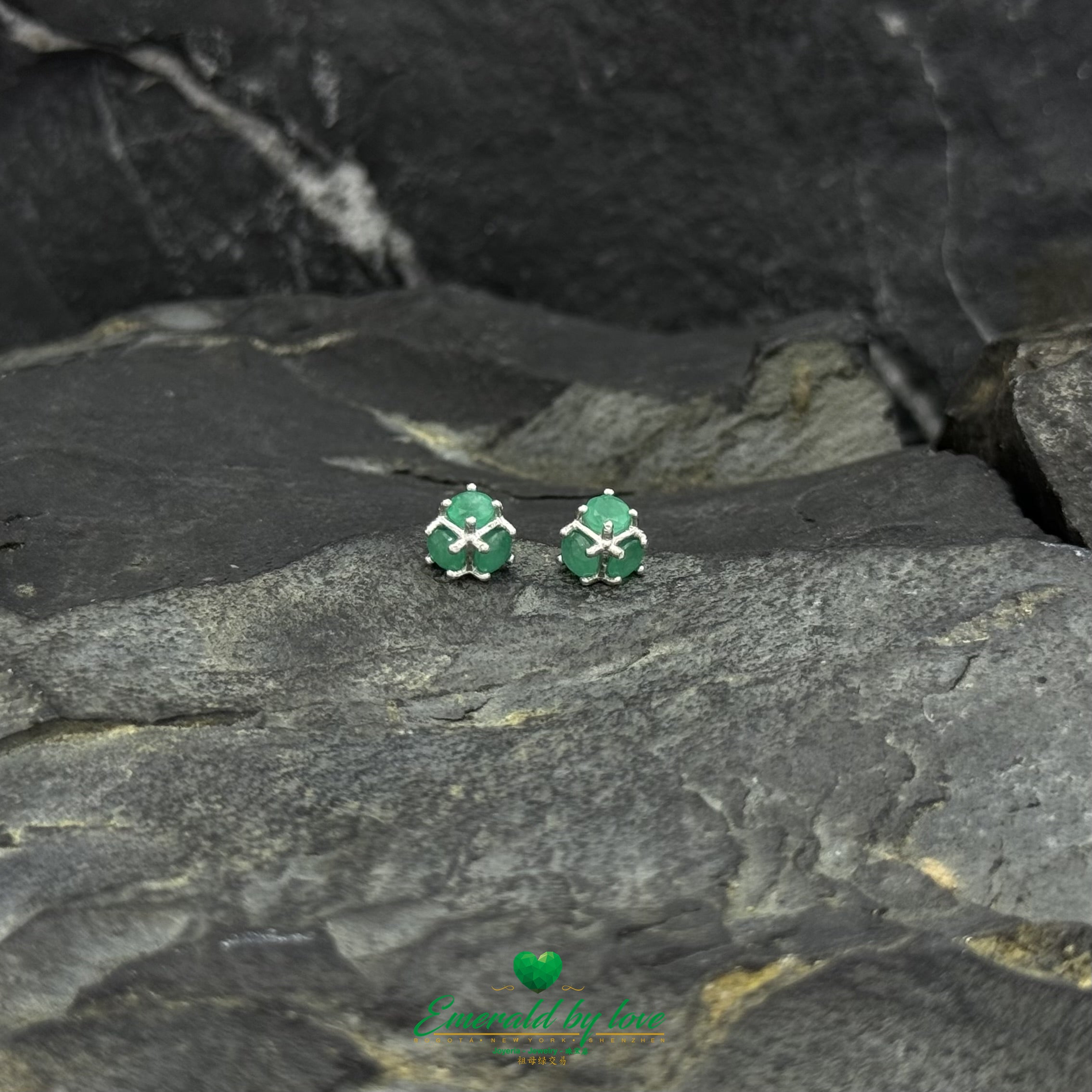 Small Three-Dimensional Earrings with Three Round Colombian Emeralds