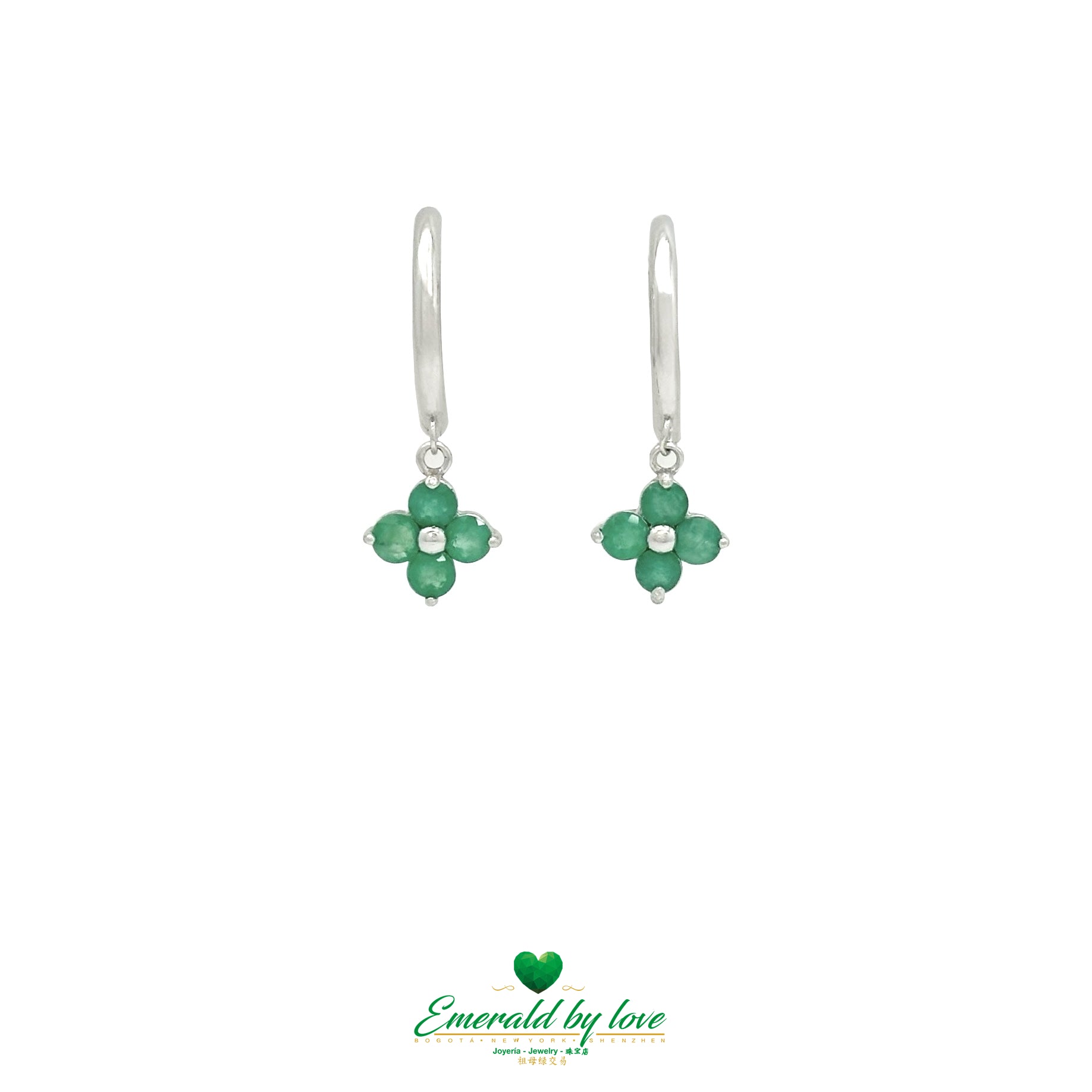 Colombian Emerald Clover Drop Hoops – Round Emerald Dangle Earrings in Luxurious Design