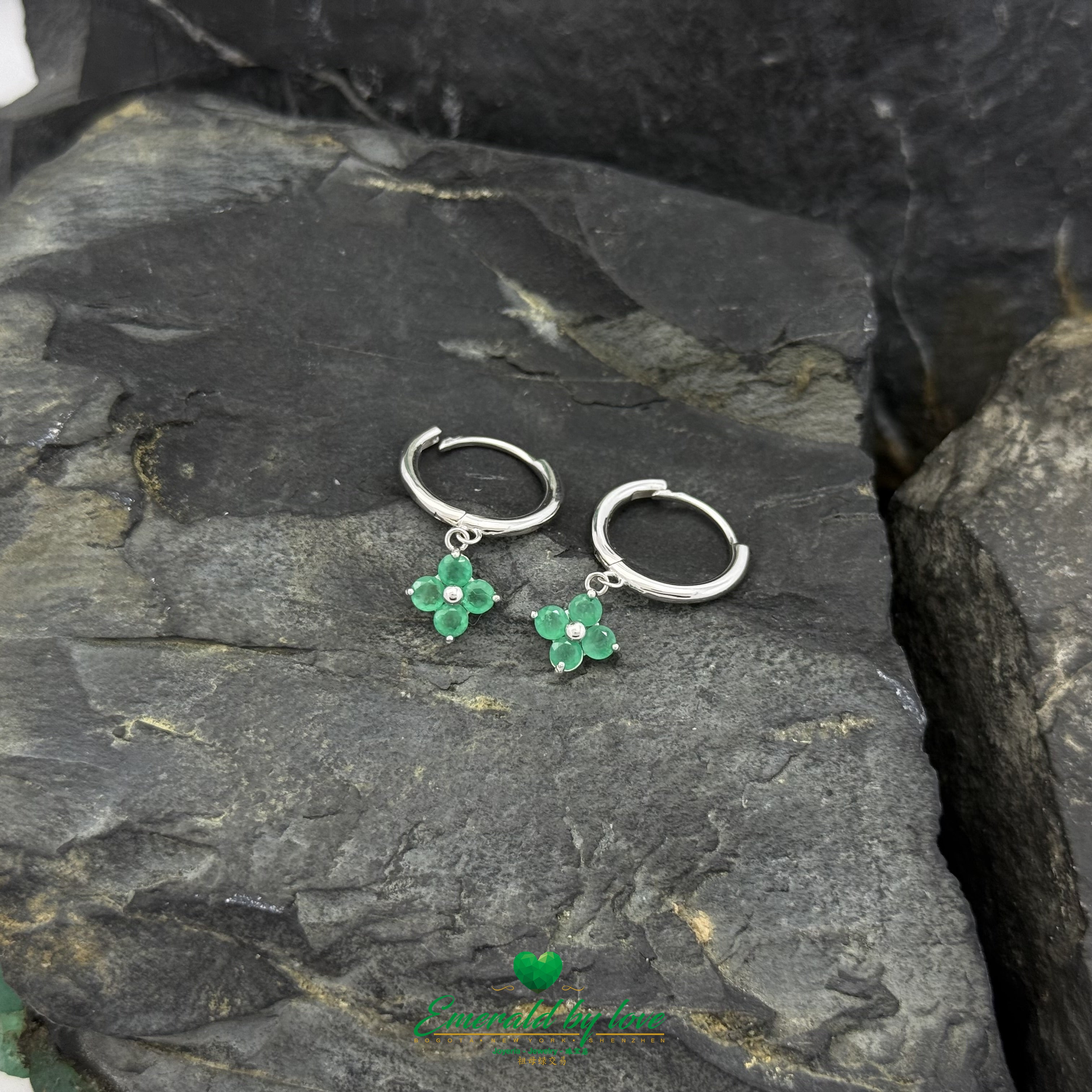 Colombian Emerald Clover Drop Hoops – Round Emerald Dangle Earrings in Luxurious Design