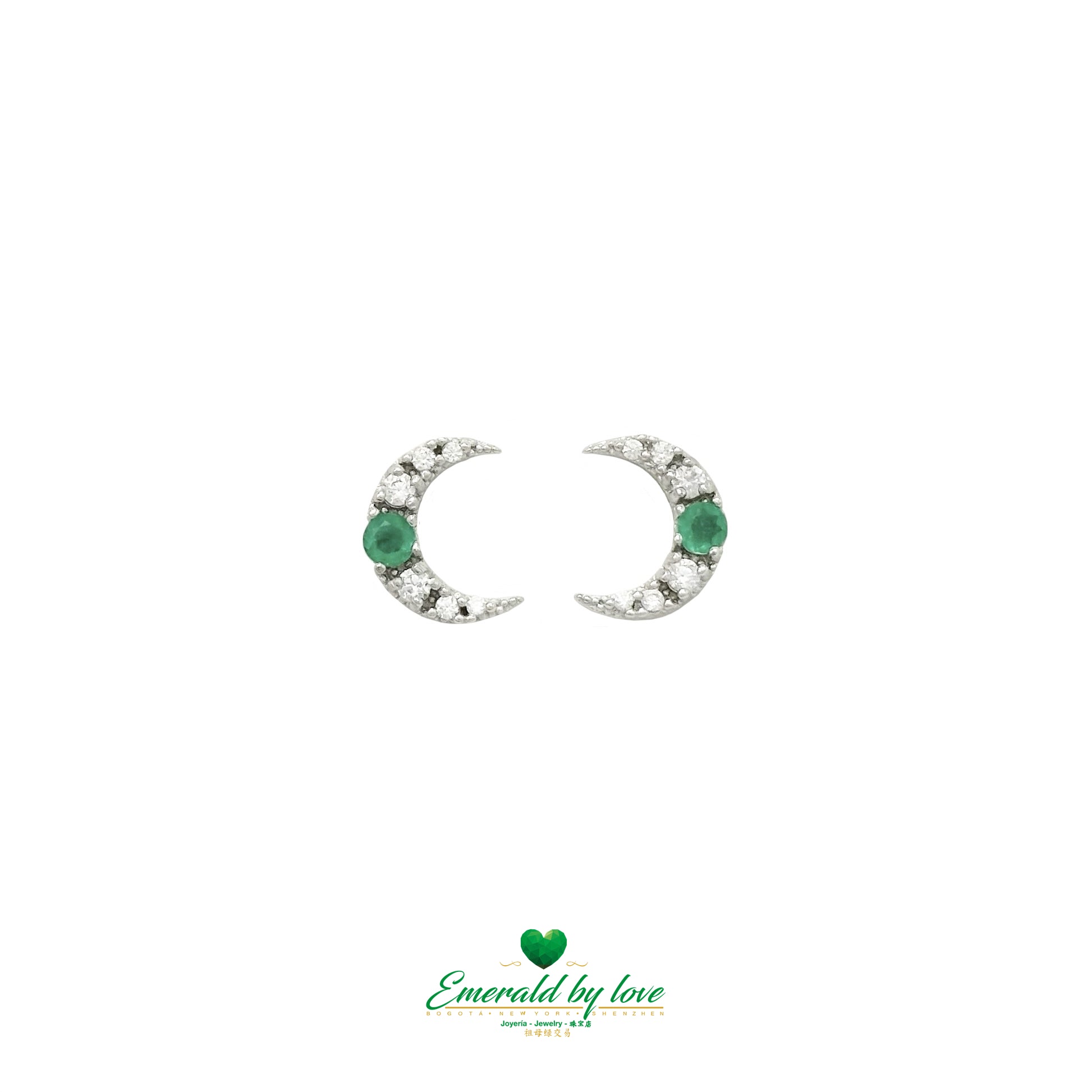 Delicate Sterling Silver Crescent Moon Earrings with Central Round Colombian Emerald