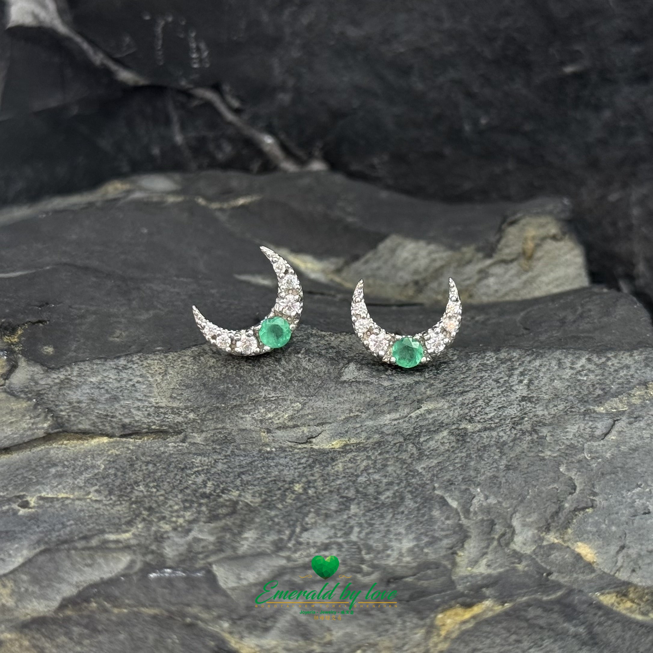 Delicate Sterling Silver Crescent Moon Earrings with Central Round Colombian Emerald