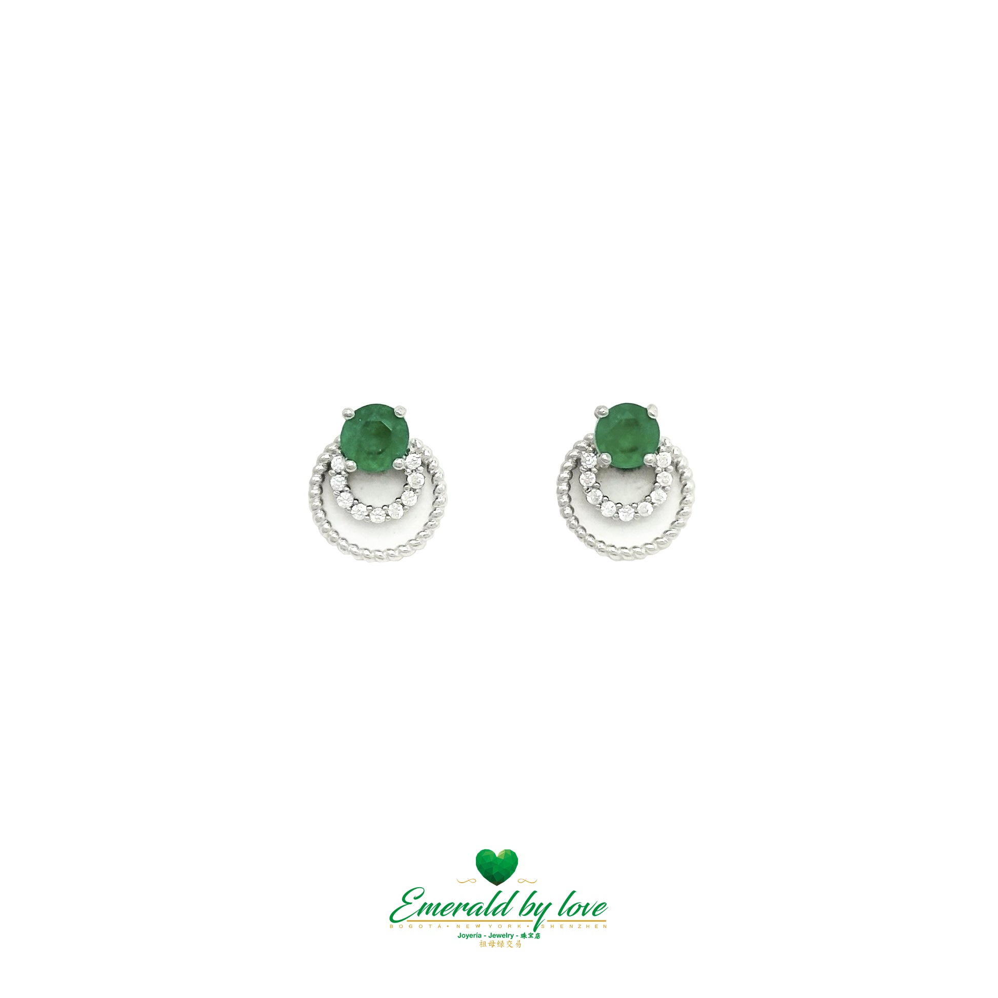 Small Double Hoop Stud Earrings with Round Emerald