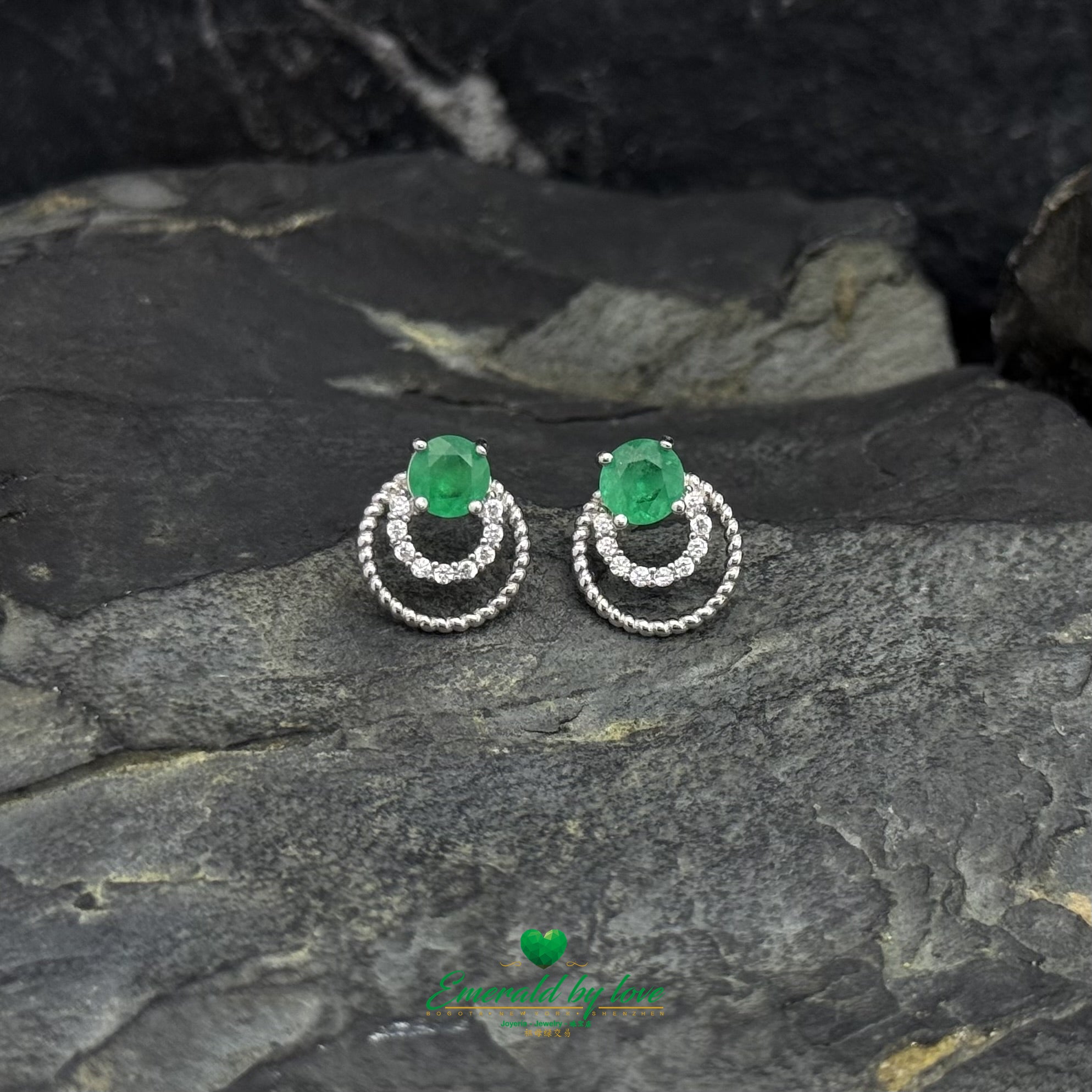 Small Double Hoop Stud Earrings with Round Emerald