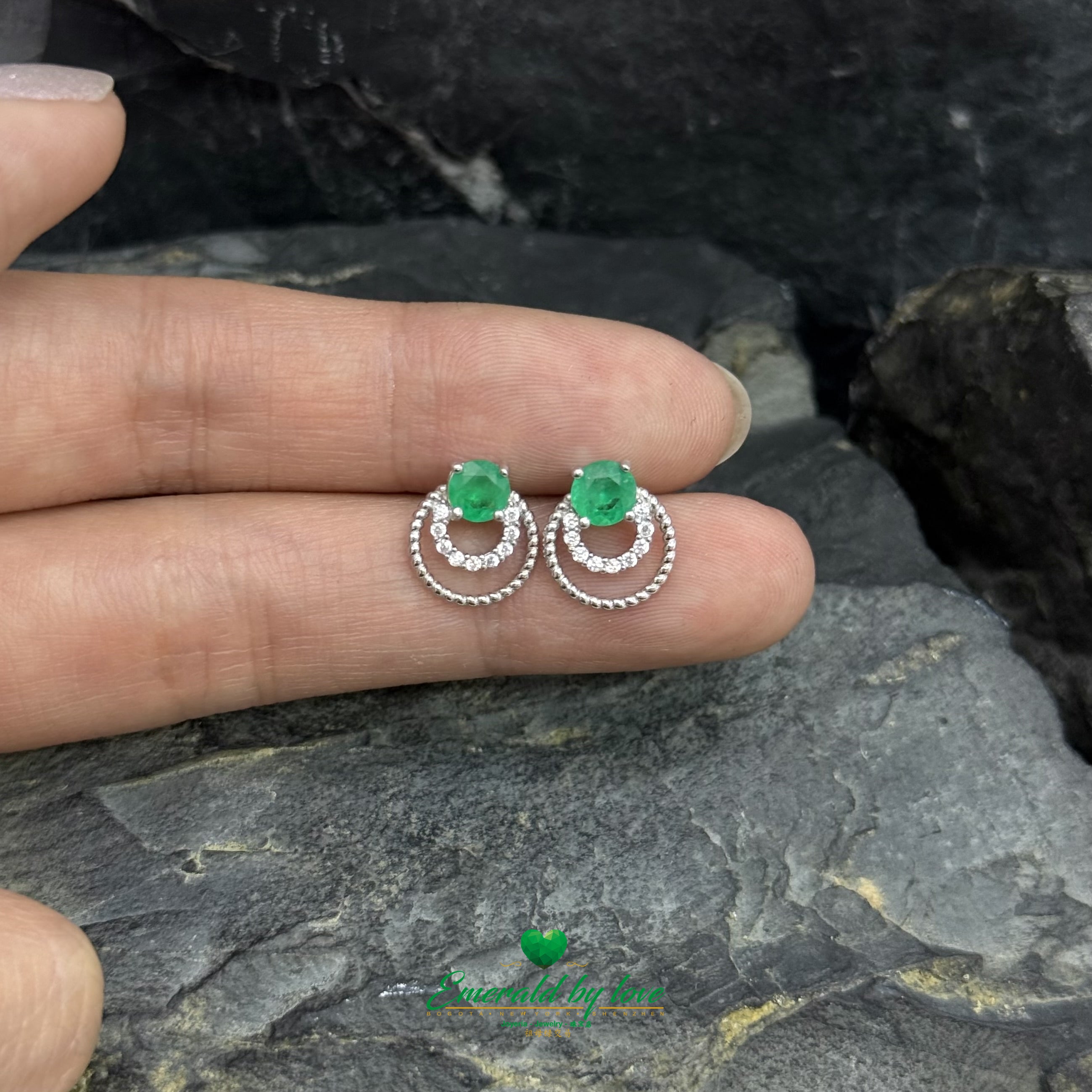 Small Double Hoop Stud Earrings with Round Emerald