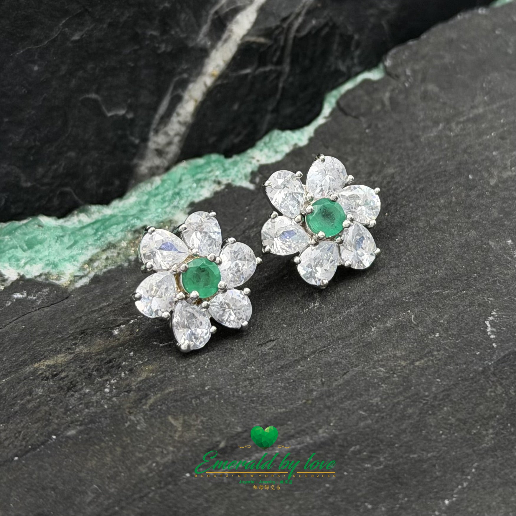 Large Floral Silver Earrings with Central Colombian Emerald