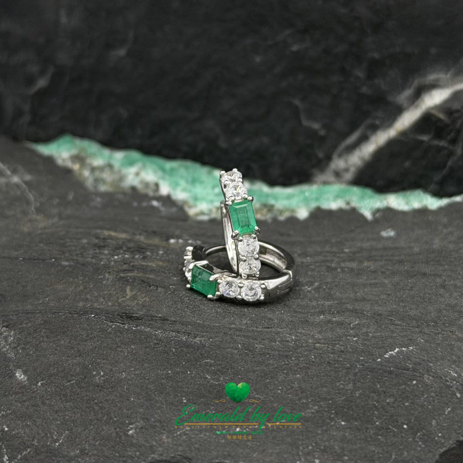 Sterling Silver Hoop Earrings with Round Emerald and Zircons