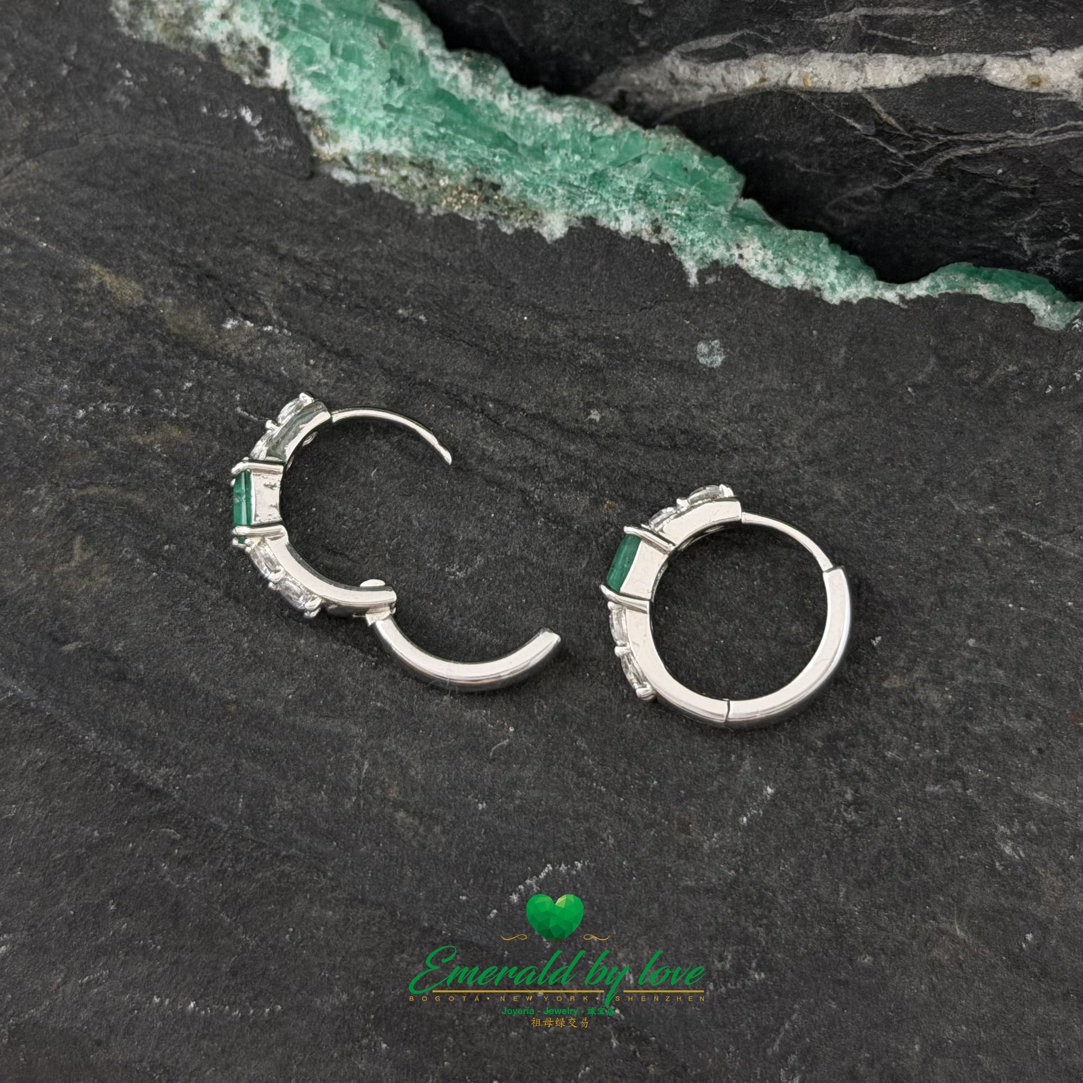 Sterling Silver Hoop Earrings with Round Emerald and Zircons
