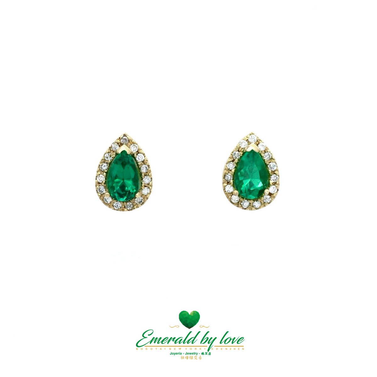 Yellow Gold Earrings with Pear-Shaped Colombian Emeralds and Diamond Halo