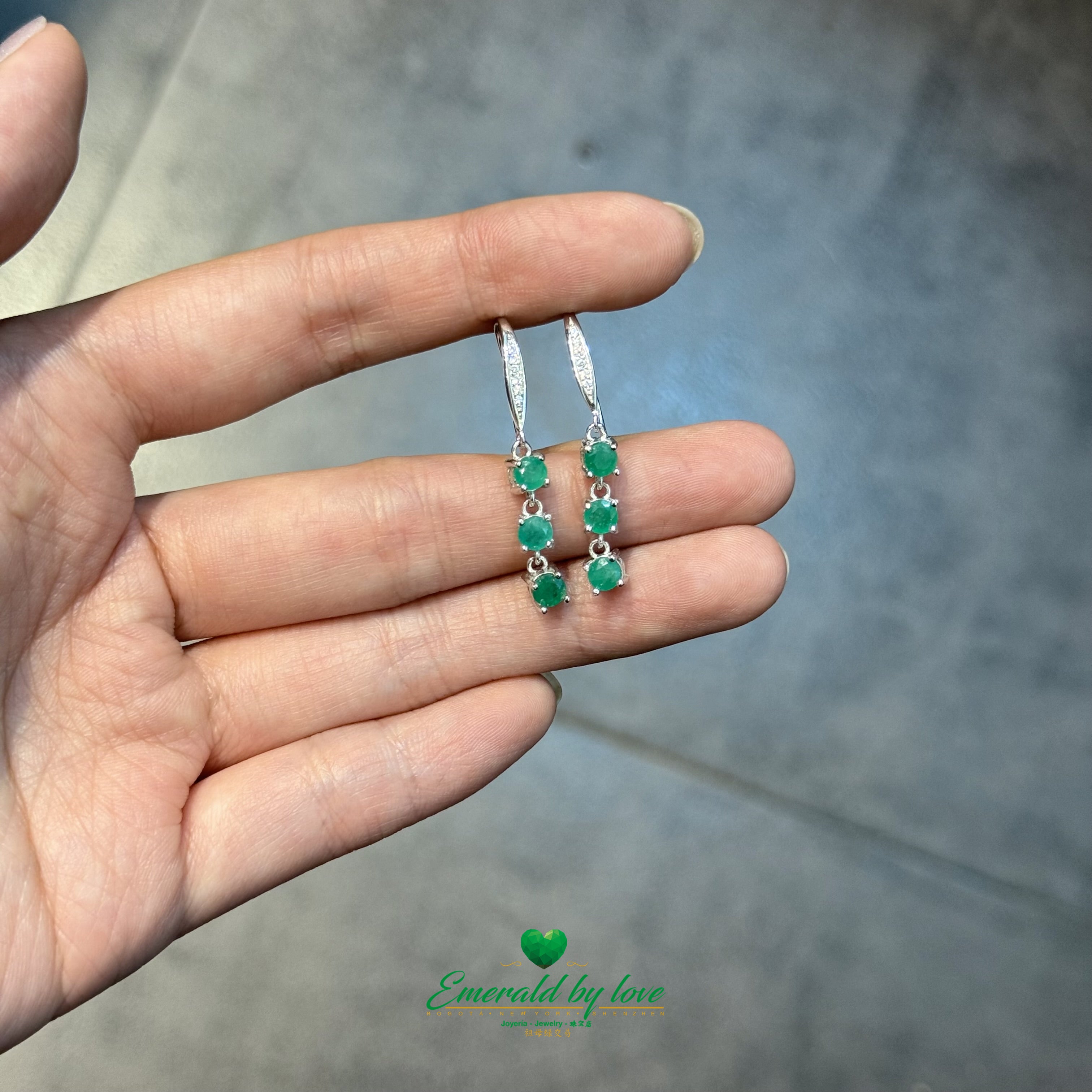 Long Drop Earrings with Zircon Pendant & Three Round Colombian Emeralds