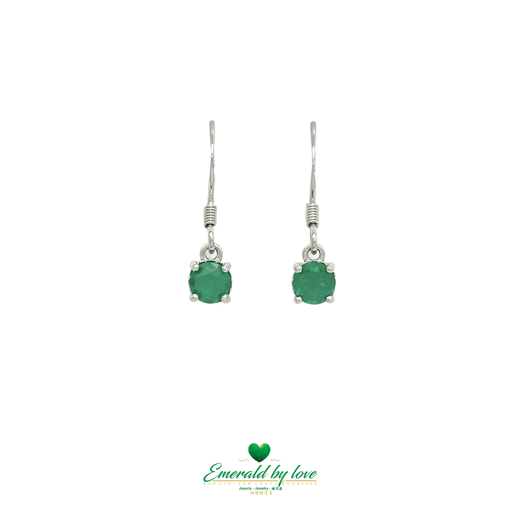 Long Sterling Silver Earrings with Round Colombian Emerald in Arabesque Setting