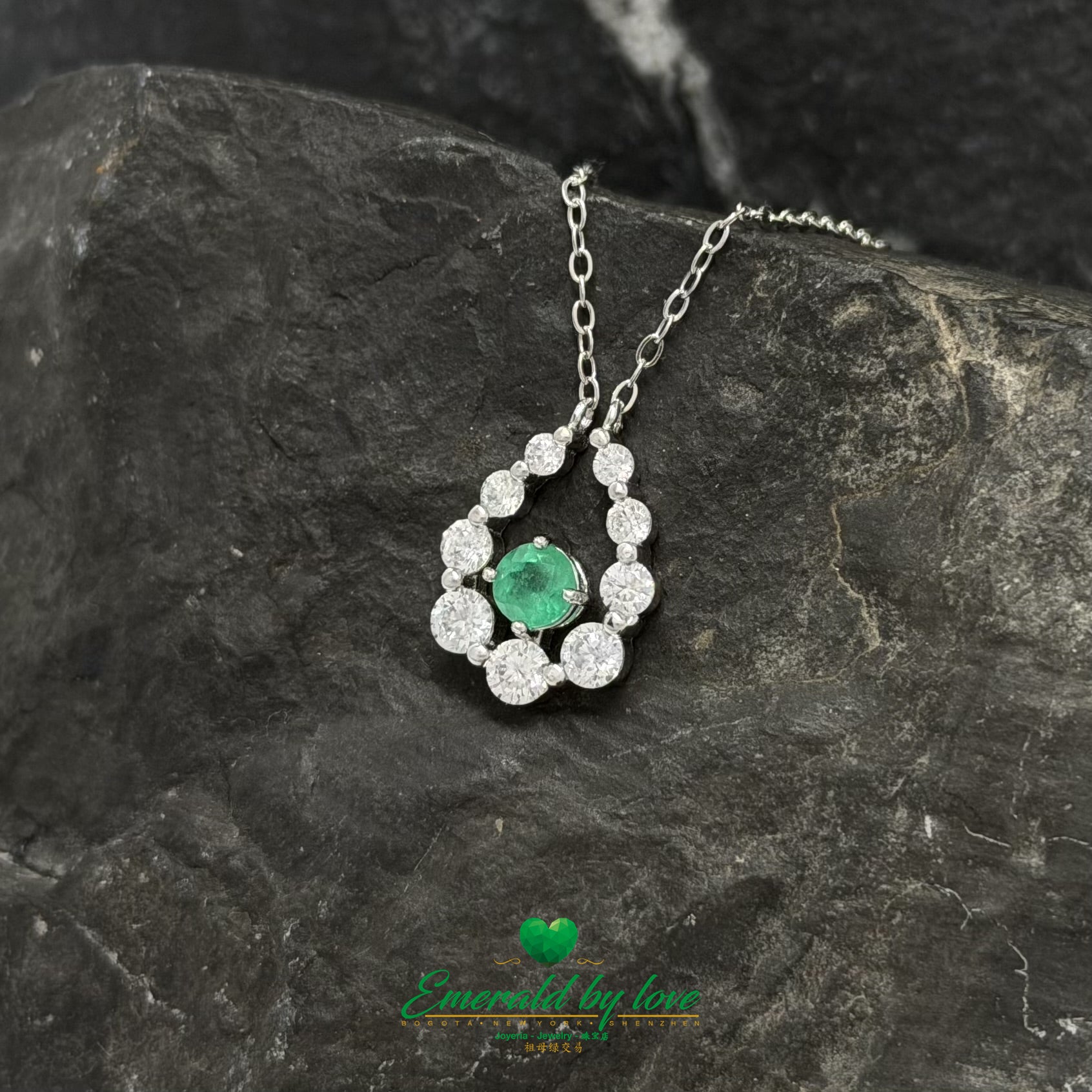 Round Emerald Teardrop Pendant in Sterling Silver with White Zircon Accents