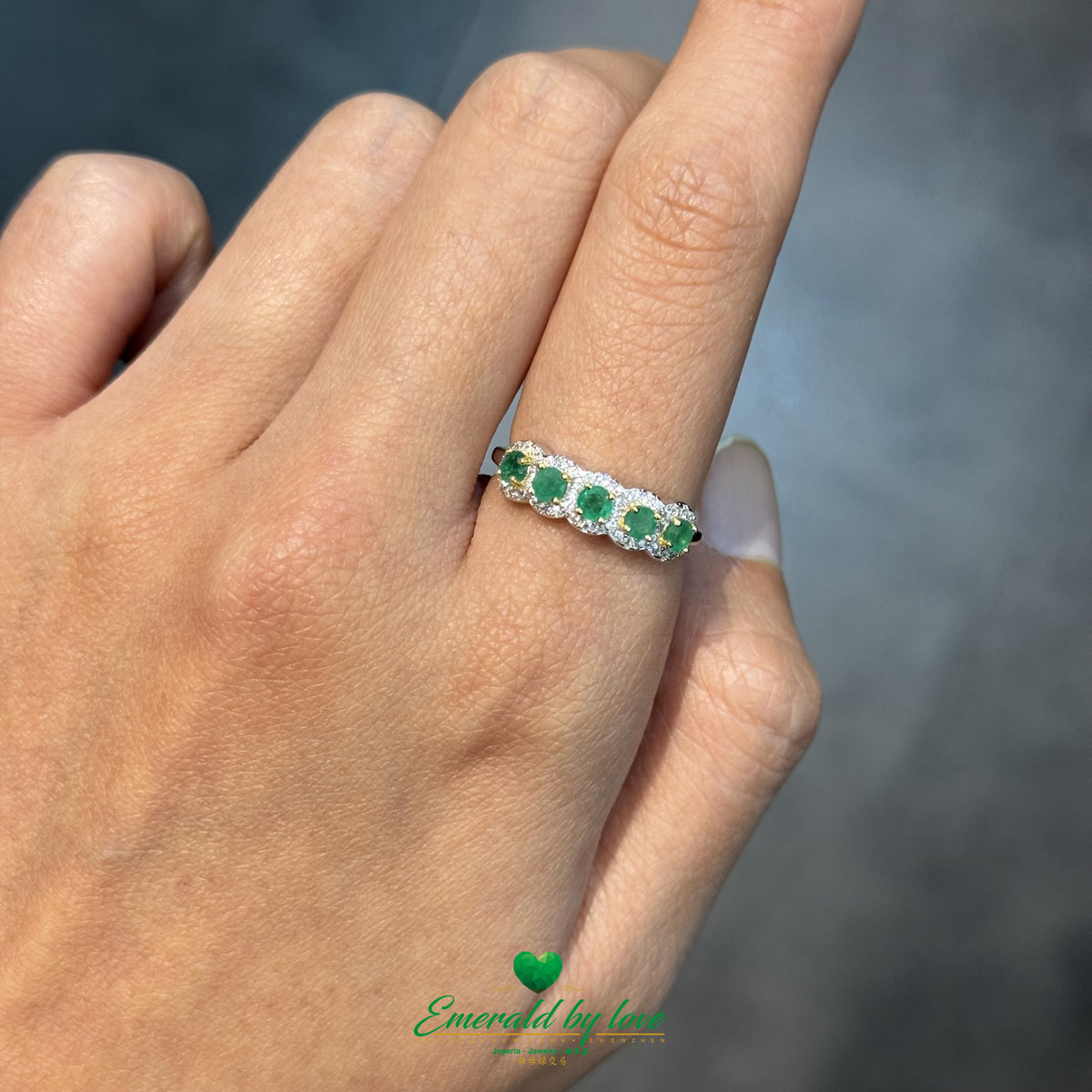 Emerald Band with White Zircon Halos and Gold-Plated Settings