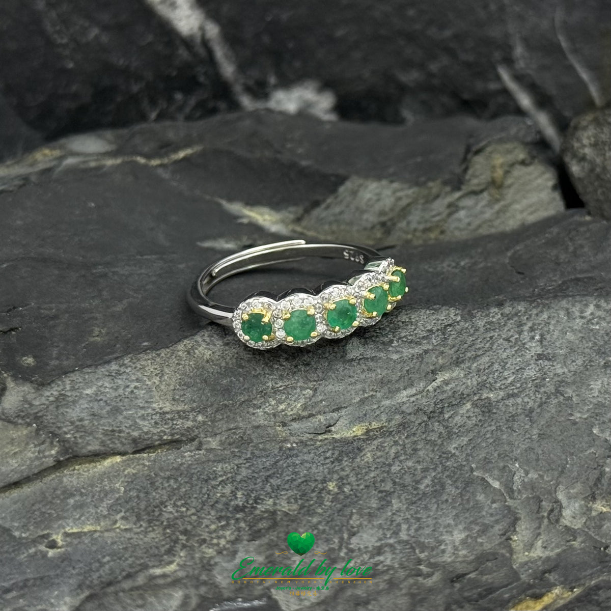 Emerald Ring Band with Zircon Halos and Gold-Plated Prongs