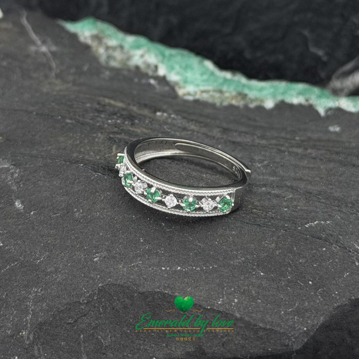 Open-Style Ring with Small Emeralds and Zircon Stones