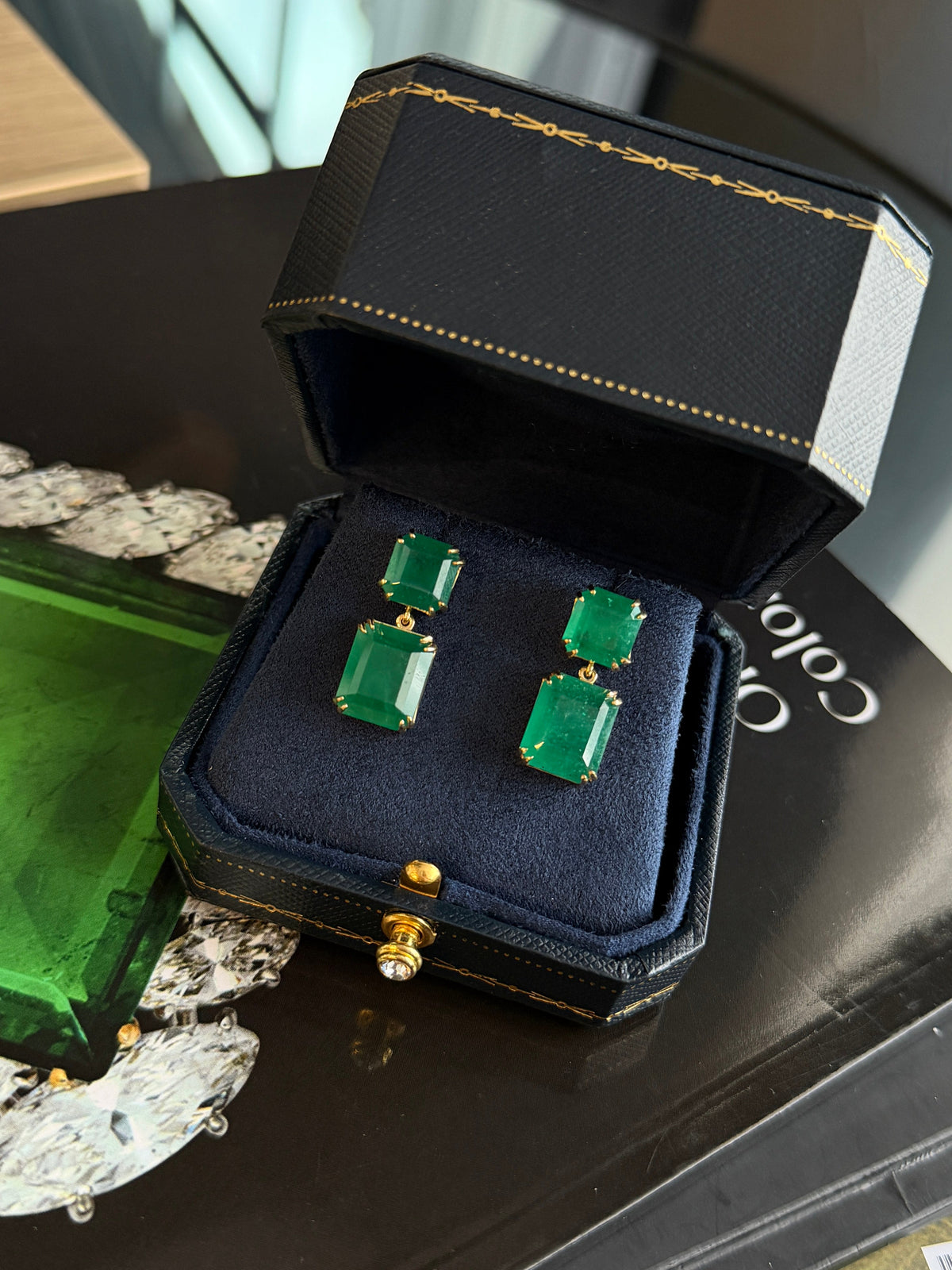 Double Colombian Emerald Drop Earrings in Yellow Gold