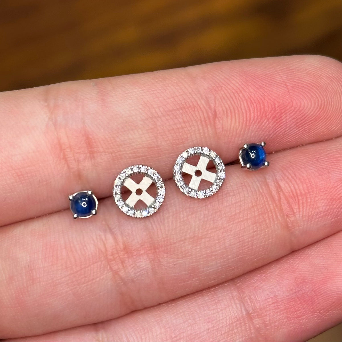 White Gold Jacket Earrings with Round Cabochon Sapphires and Diamonds