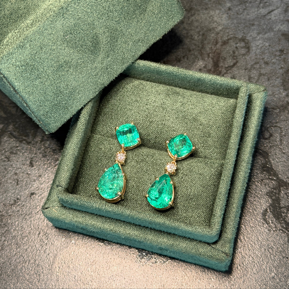 Yellow Gold Emerald Drop Earrings with Pear and Cushion-Cut Emeralds