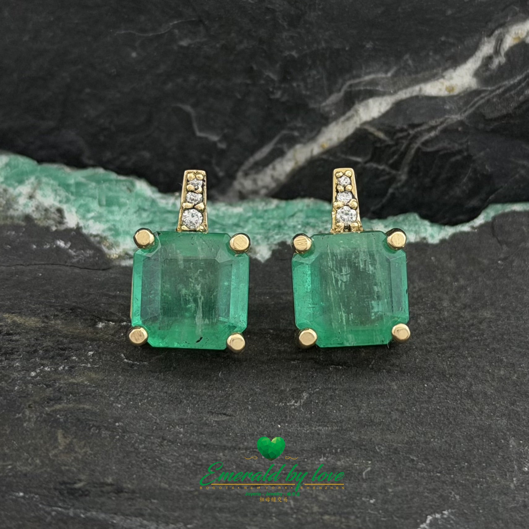 Large Square Crystal Emerald Earrings with Diamond Accents in White Gold