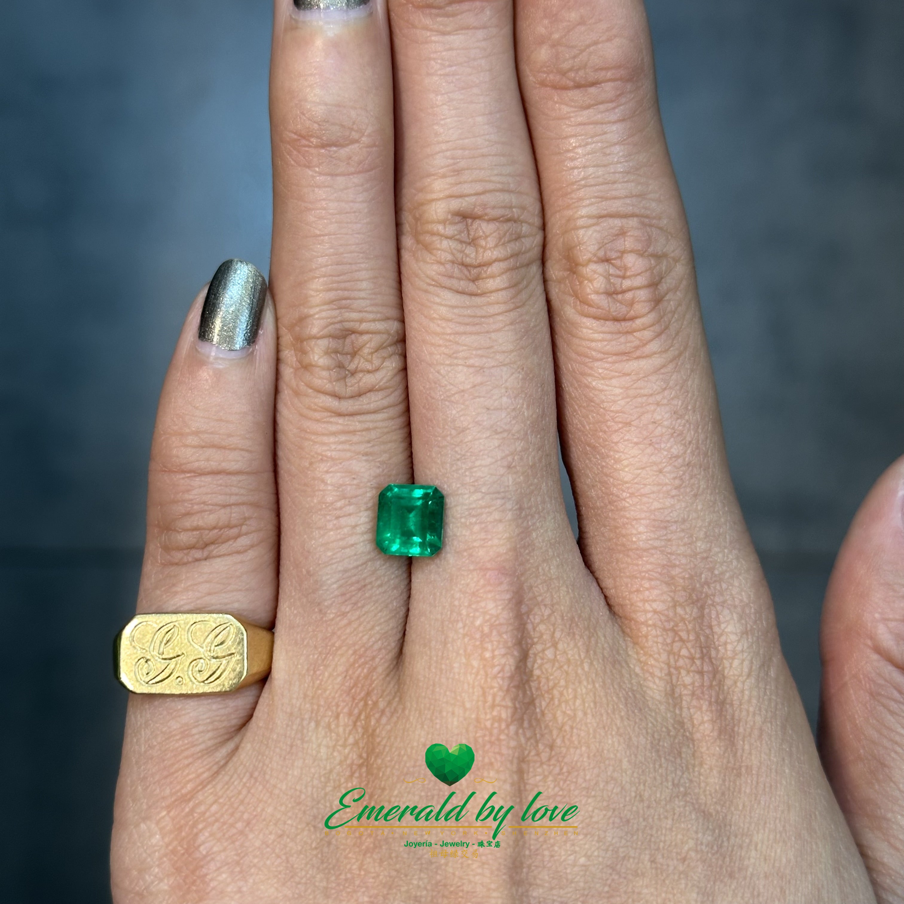 Square-cut Colombian emerald, 1.52 ct, with deep green saturation and geometric elegance