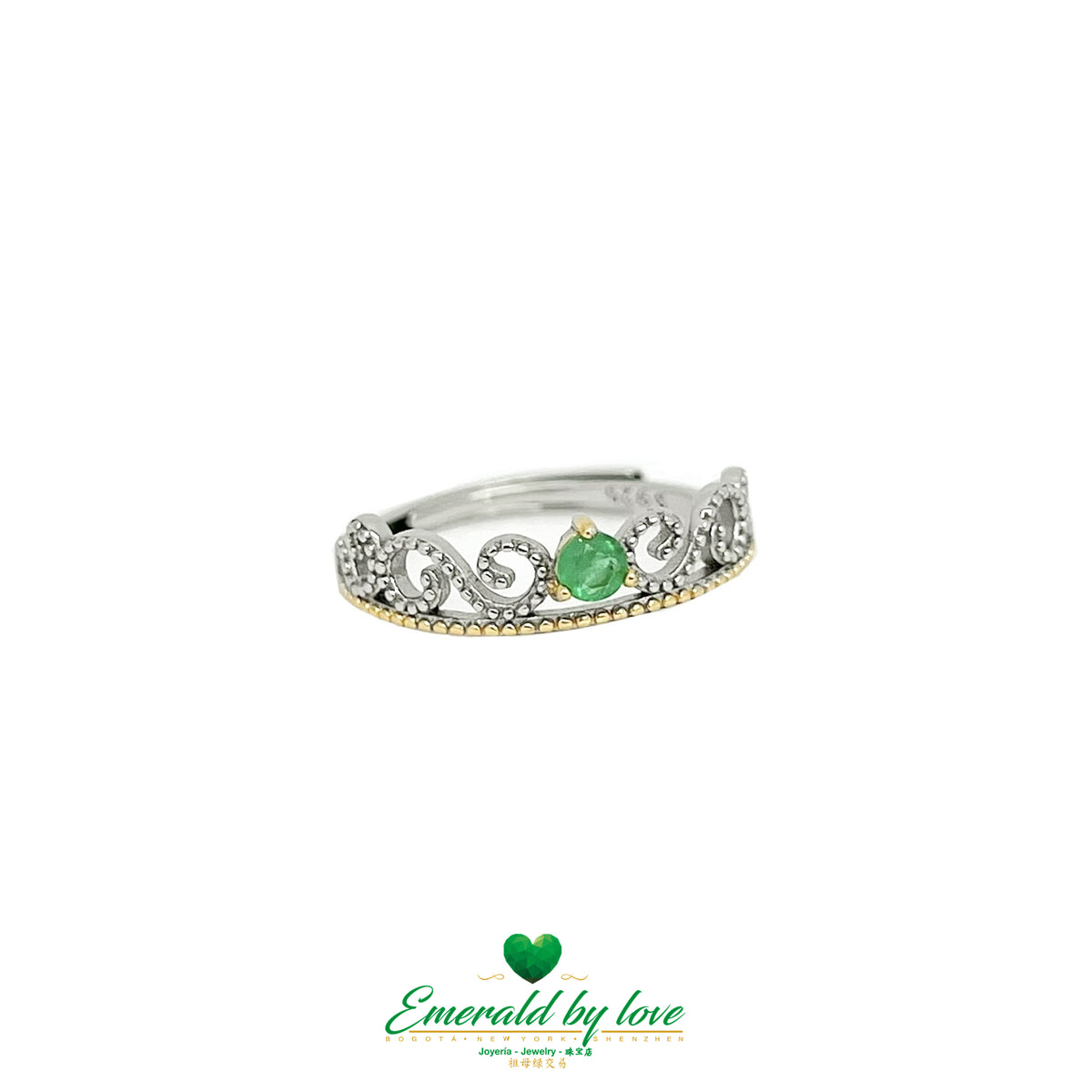Mini Gold-Plated Arabesque Ring with Round Colombian Emerald