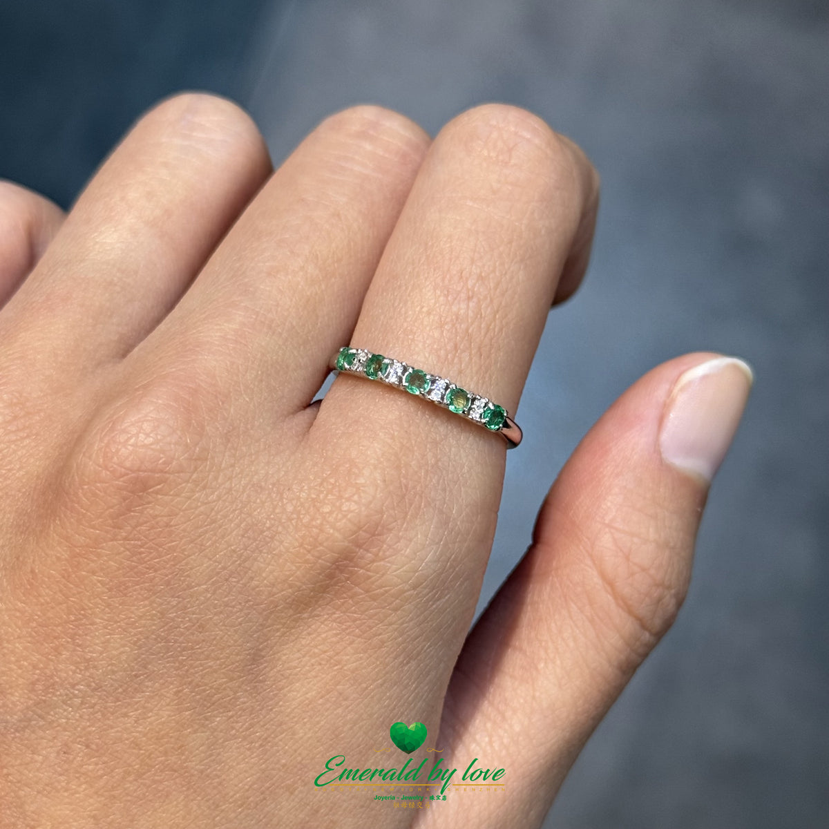 Natural Emerald and White Zircon Band Ring