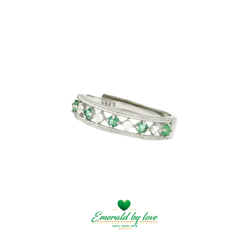 Open Band Ring with Green Emeralds and Zircons
