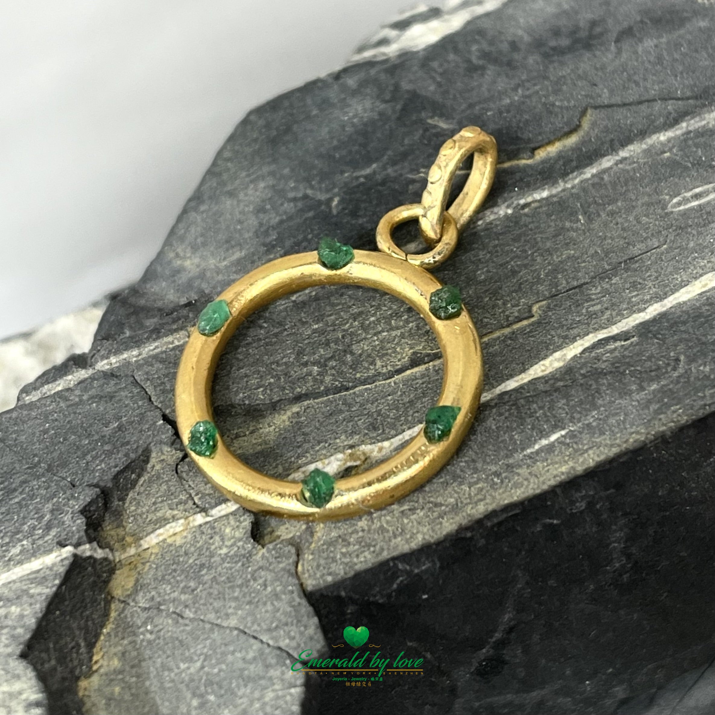 Refined Hoop Pendant with Small Inlaid Rough-Cut Emeralds