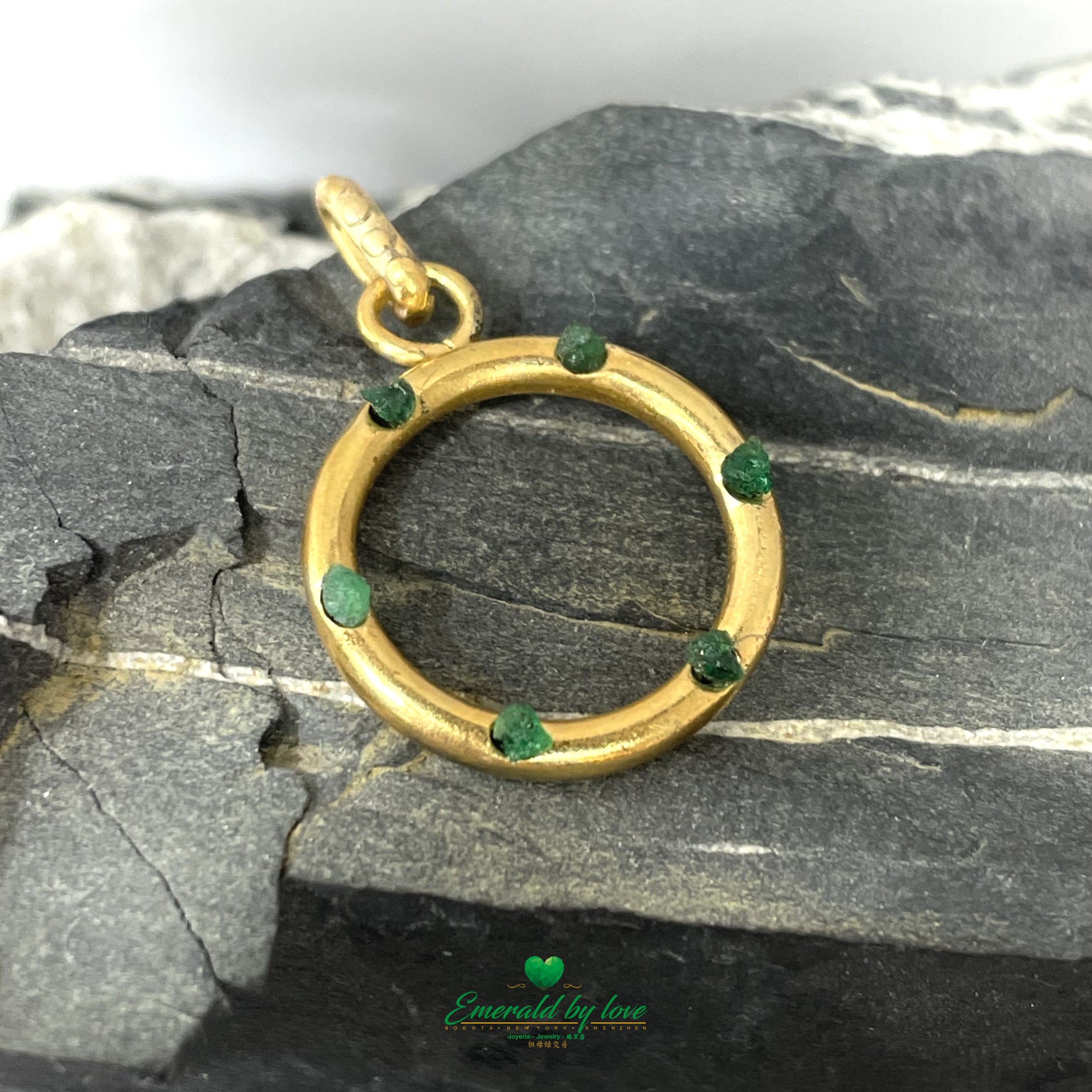 Refined Hoop Pendant with Small Inlaid Rough-Cut Emeralds