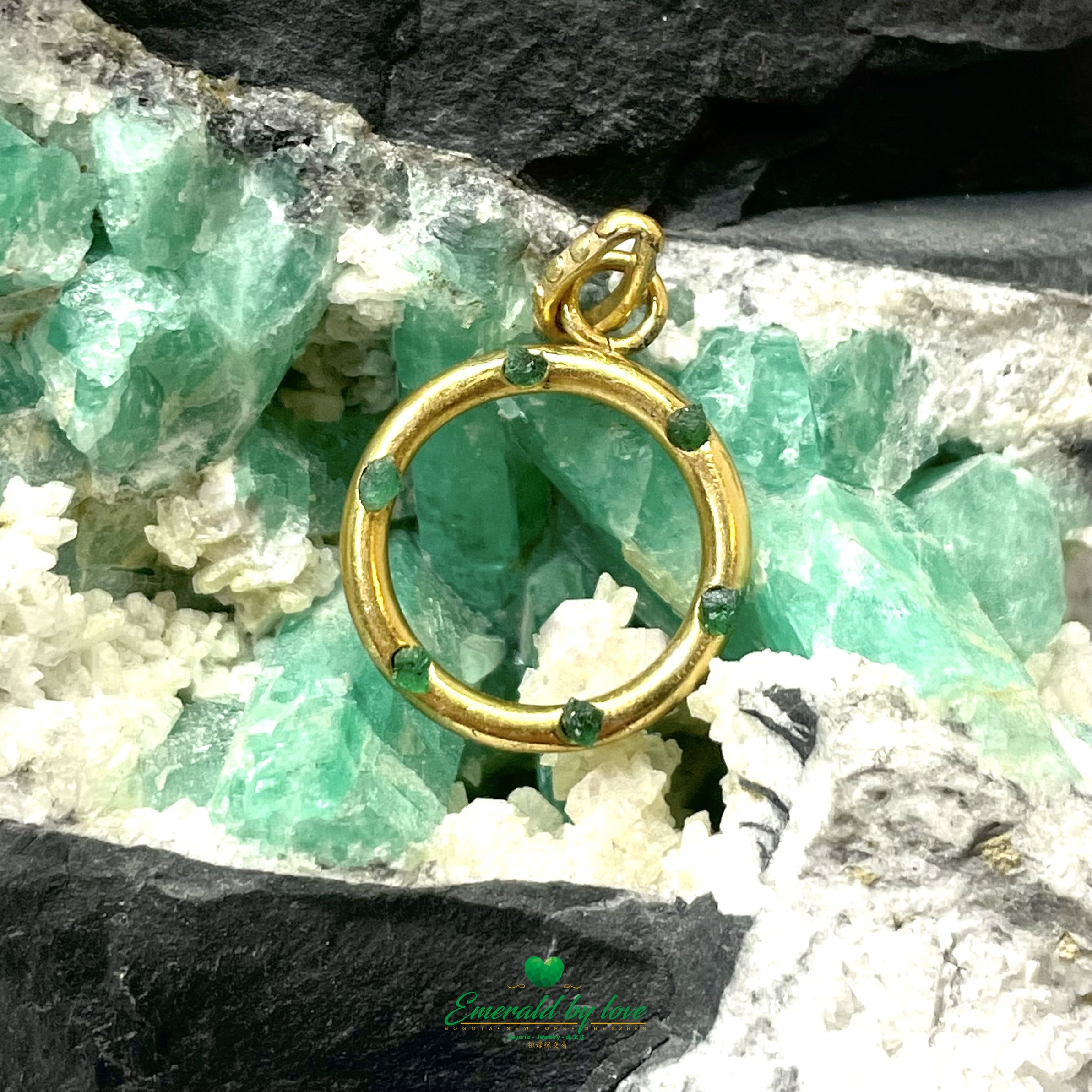 Refined Hoop Pendant with Small Inlaid Rough-Cut Emeralds